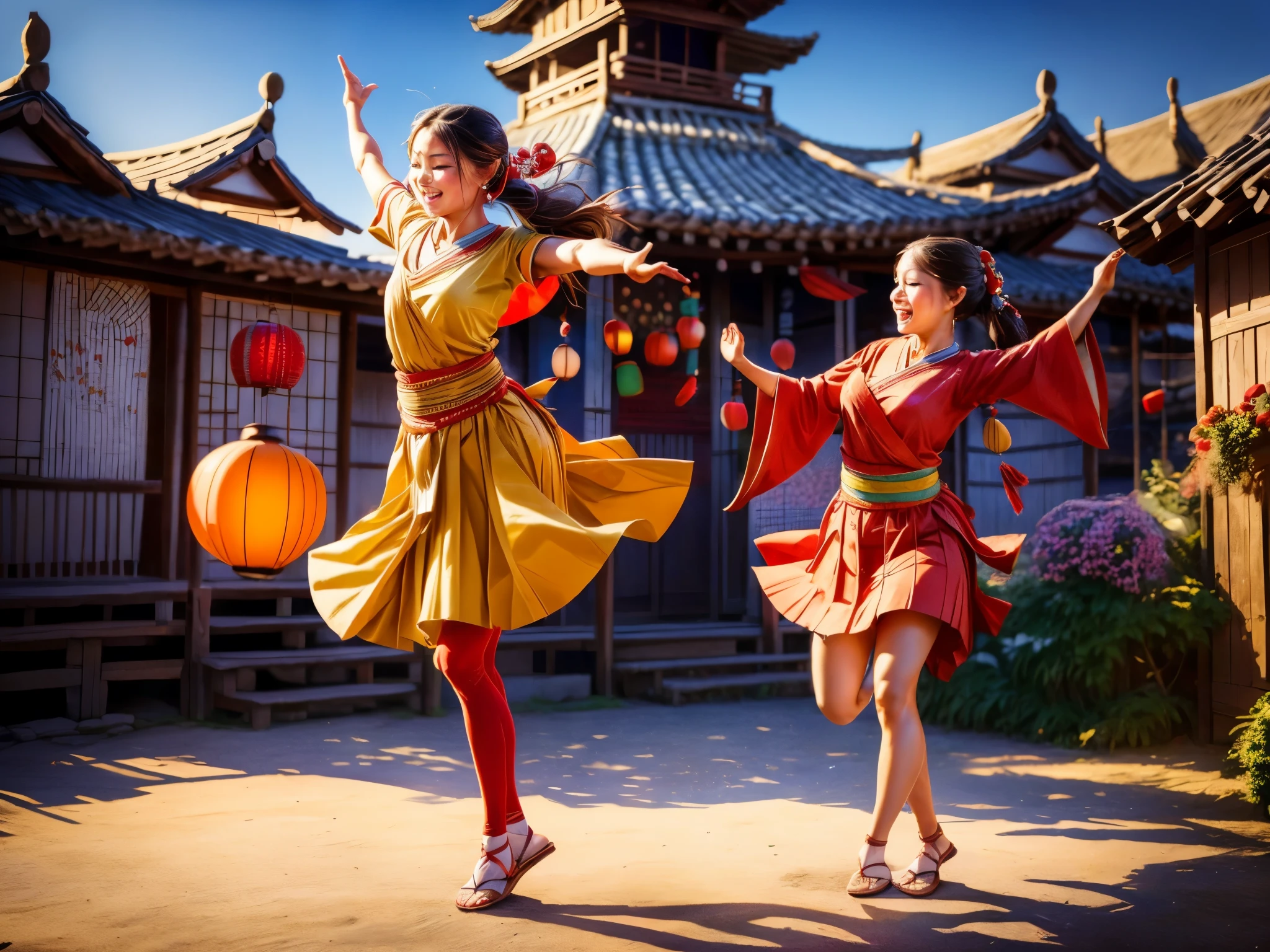 a girl drinking sake from a gourd, getting drunk and dancing, villagers watching   。
(best quality,4k,8k,highres,masterpiece:1.2),ultra-detailed,(realistic,photorealistic,photo-realistic:1.37),vivid colors,studio lighting,physically-based rendering,portraits,landscape,vibrant colors,dynamic lighting,traditional Japanese style,blossoming cherry trees,playful atmosphere,lively village square,traditional clothing,flowing movements,expressive faces,countryside setting,joyful celebration,detailed village houses,festive decorations,floating lanterns,spectators clapping and cheering,happy and relaxed atmosphere,authentic cultural scene,merry and dynamic dance,traditional music and instruments,energetic and lively movements,harmony with nature,bright and vibrant colors,traditional dance costume,cultural heritage,synchronized and rhythmic dance steps,lively and dynamic poses.