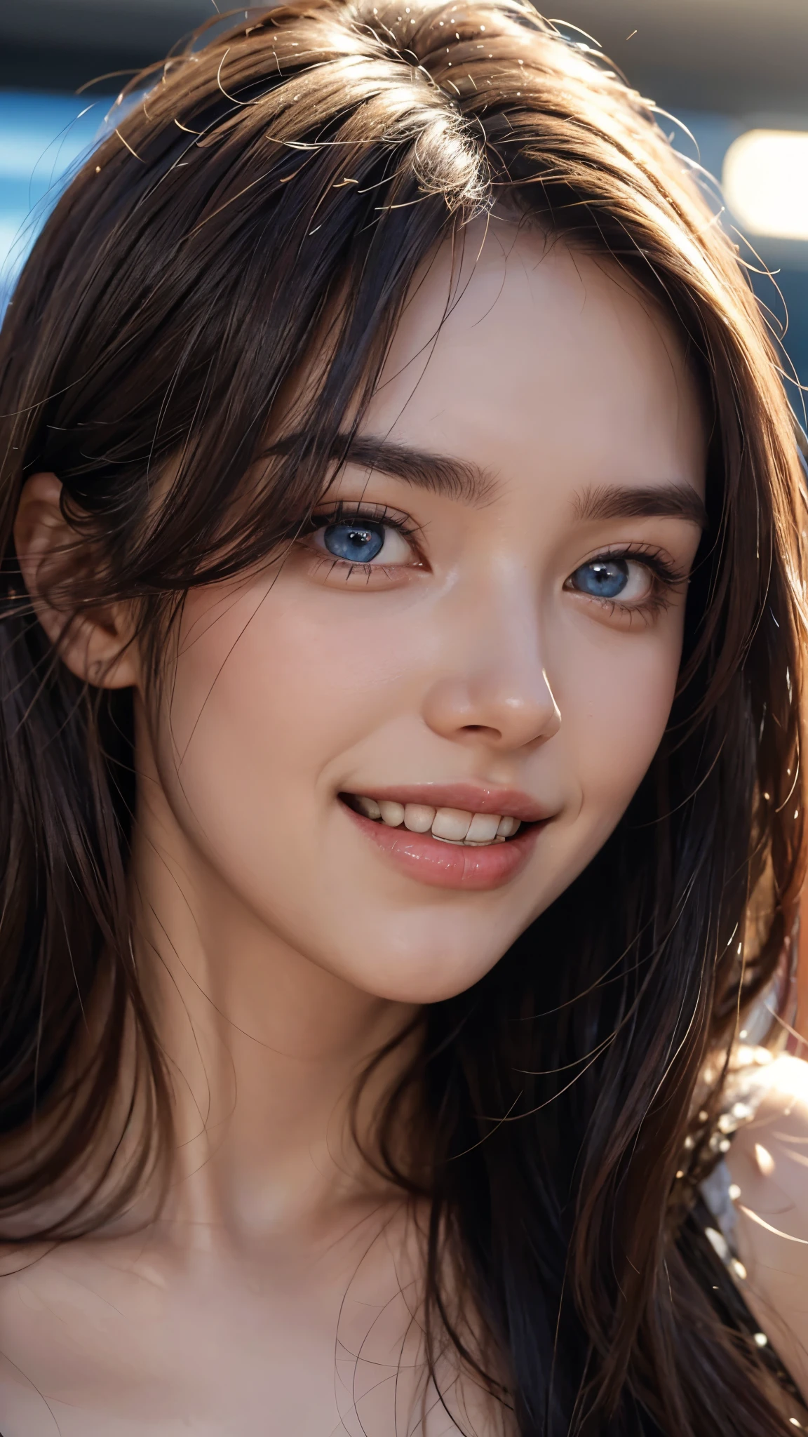 cute 26 year old,1 girl,slim face ,8K,Super realistic image quality,dynamic shadow,sparkling eyes,clear pale blue eyes,movie theater lighting,camisole,strong sunlight, ((face close up:1.4)),((A smile showing white teeth)),((Open mouth and smile happily)),((Semi-long hair of maroon color)),close, 8K, Raw photo, highest quality, masterpiece,realistic, photo-realistic,