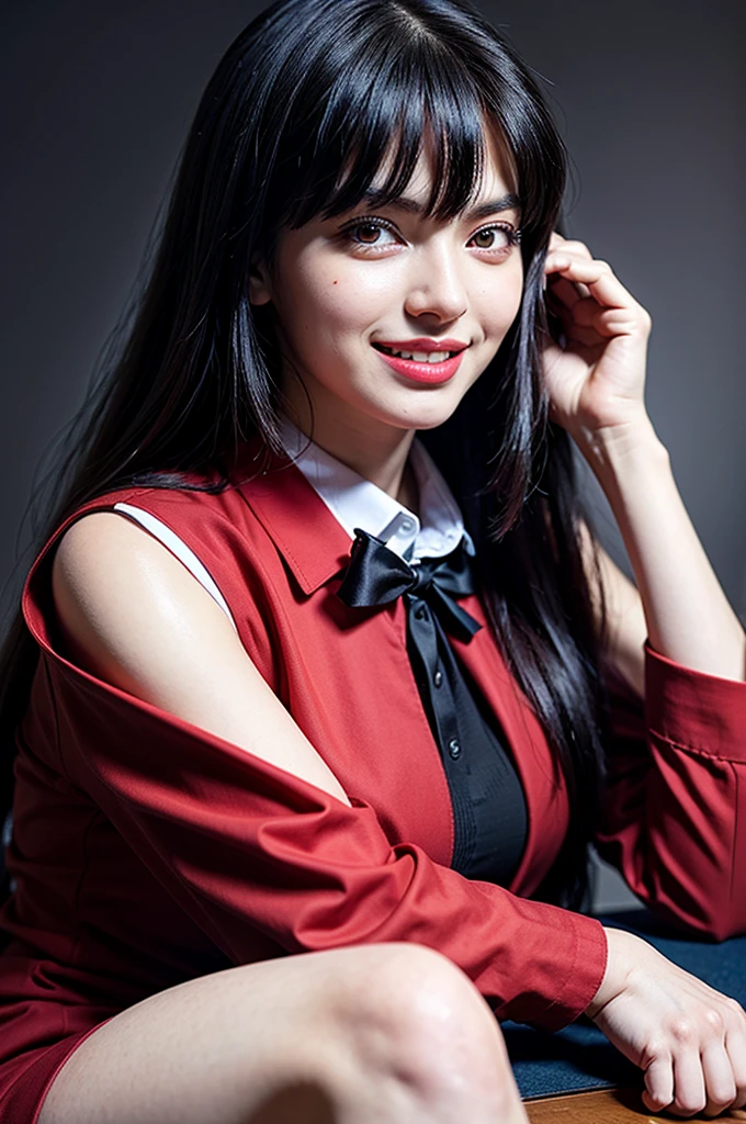 original photo:1.2),(realistic:1.4),beautiful detailed girl,very detailed eyes and face,beautiful detail eyes,ridiculous,incredibly ridiculous,super detailed,high resolution,very detailed,best quality,masterpiece,illustration,very detailed,CG,unified,8k wallpaper,amazing,fine detail,masterpiece,best quality, perfectlighting,1 girl, (((kakegurui yumeko))),long hair, blunt bangs, red eyes, , red jacket, pantyhose, white shirt, black ribbon, pleated skirt, dynamic pose, (((evil smile))), (((casino background)))