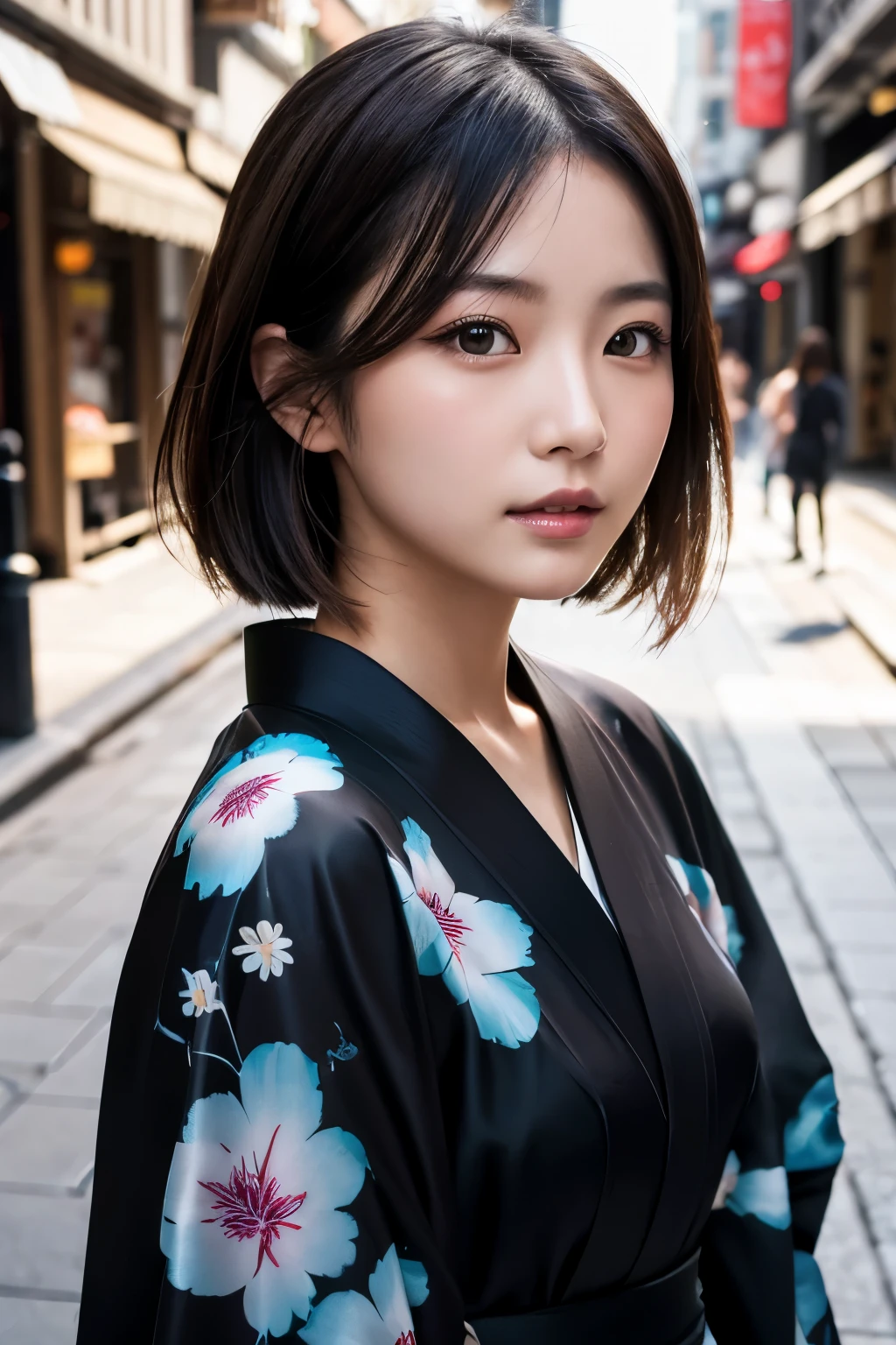 Beautiful Japanese supermodel woman, A lock of hair with slight highlights, black eyes, Sexy,street background,Gorgeous kimono , Liquid color flows across her face, Shooting against the light,Perfect facial lighting,mixed media,Face to the right