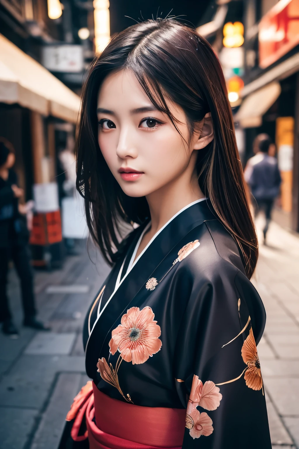 Beautiful Japanese supermodel woman, A lock of hair with slight highlights, black eyes, Sexy，street background，Gorgeous kimono , Liquid color flows across her face, Shooting against the light，Perfect facial lighting，mixed media,Face to the right
