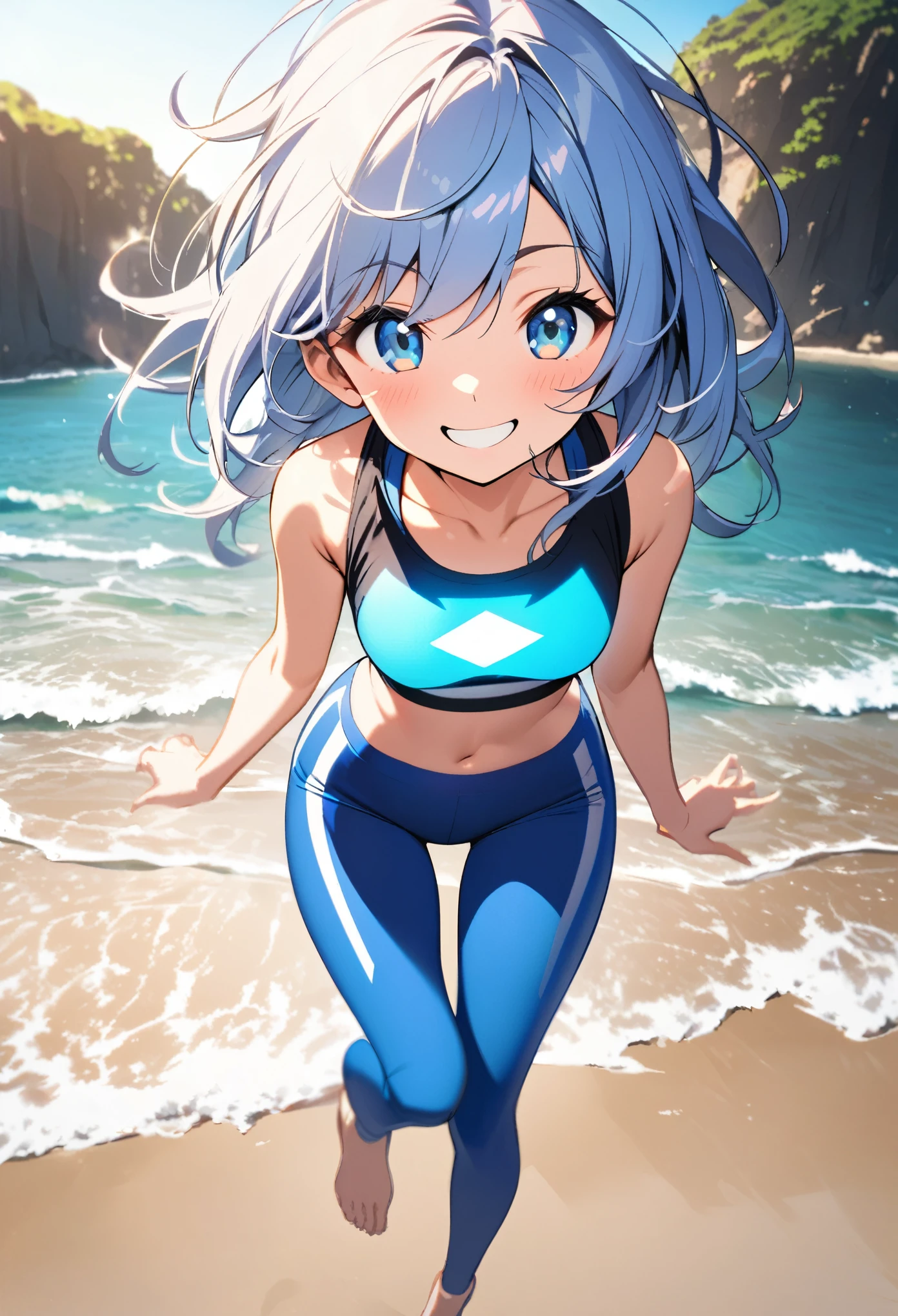 woman,full body,smiling,front view, glowing logo crop top, blue leggings, thigh gap, beach