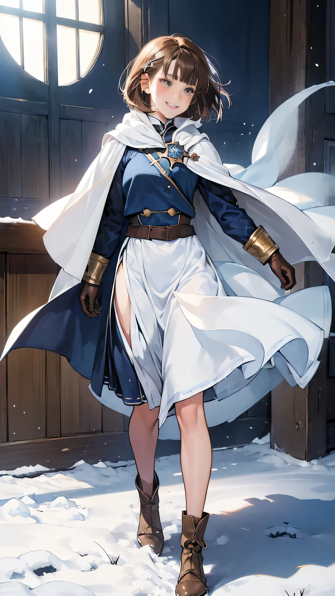(((((girl))))), masterpiece, ultra detailed, 8K Portrait, Raw photo, woman's portrait photography, full body, Highly detailed face, mischievous childish smile, blush, ((Fantasy)), (((hobbit))), ((Adult)), 45 years old, 110cm, (((ALCHEMIST))), ((tanned skin)), (((olive brown short bob hair))), (((blunt bangs))), hair ornament, (((white silk long cloak))) Fluttering in the wind, (high school dark blue uniform:1.5), long skirt, leather gloves, Midday sun, Hyper realistic, Slender body, by the snowy castle, Ambient lighting, Shadow details, Camera focus on face, strong breeze, Light fog