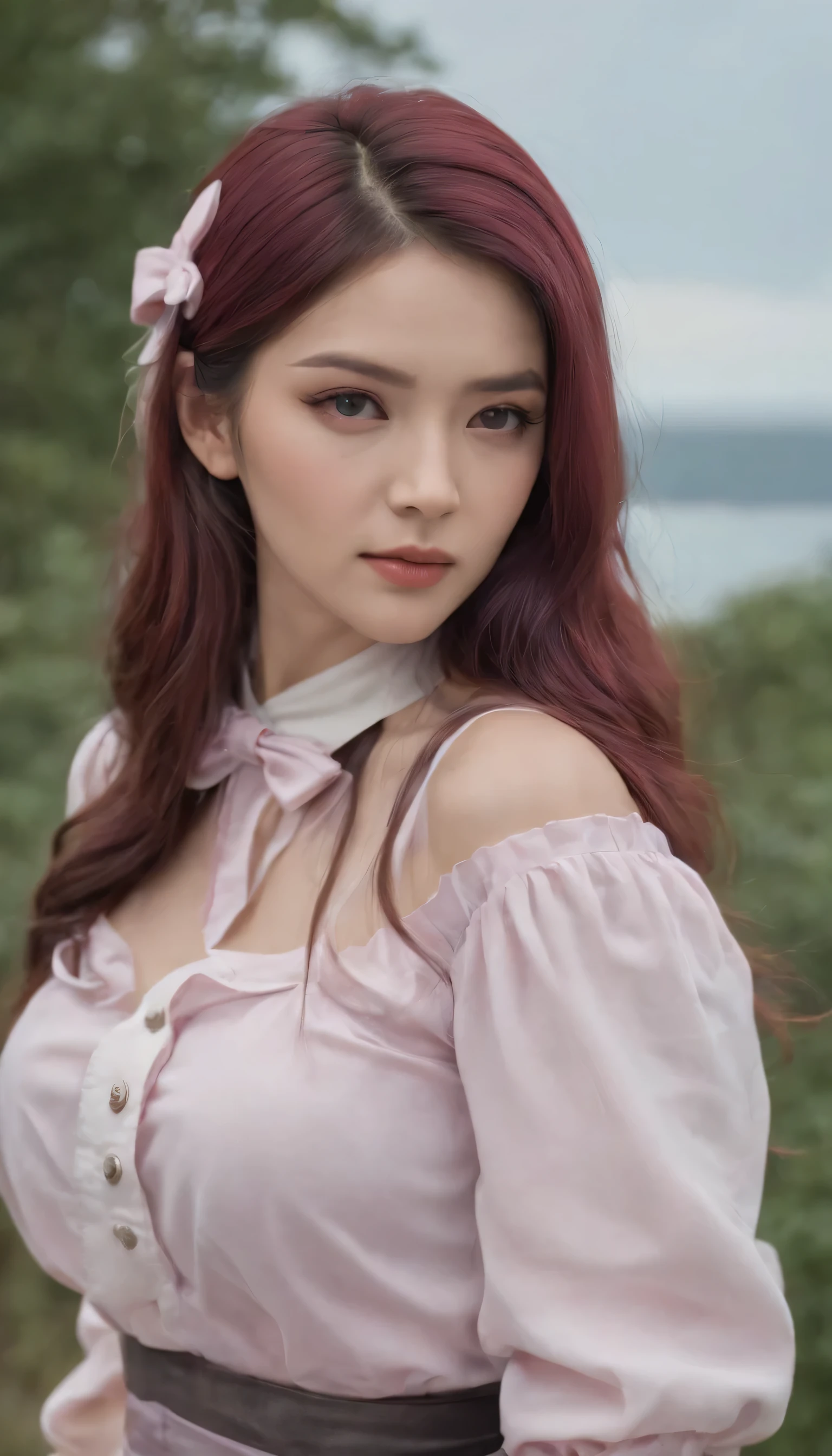 (1 girl, size), (guitar alone), bubble skirt, aqua shirt, bow, bowtie, buttons, collared shirt, Poker face, Eyebrows covered by hair, fox mask, Cowboy shooting, long hair, long sleeve, mask, multicolored buttons, pink eyes, pink hair, orange skirt, Plaid, Plaid shirt, purple bow, purple bowtie, shirt, skirt, alone, very long hair, Ocean, Ocean, Ocean Beach, cloudy, Sunlight, dusk, moon, cloud, Sky, outdoor, cloudy Sky, leaf, ruins, Sunlight, post-apocalyptic, side view