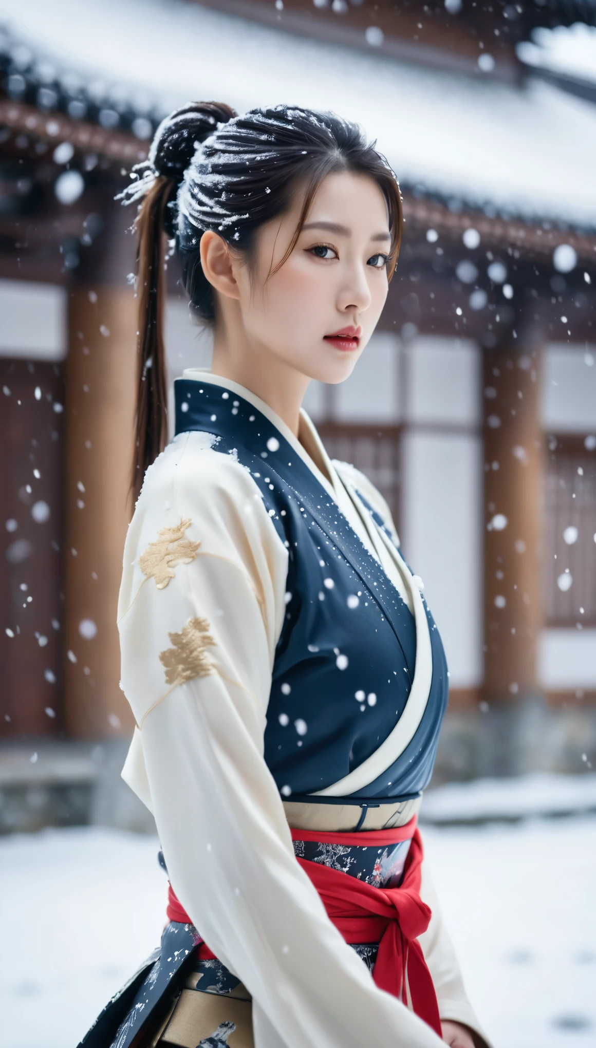 close-up of beautiful korean female, 34 inch breasts size, ponytail, wearing samurai armor, in the Japanese castle, snow falling, bokeh background, UHD