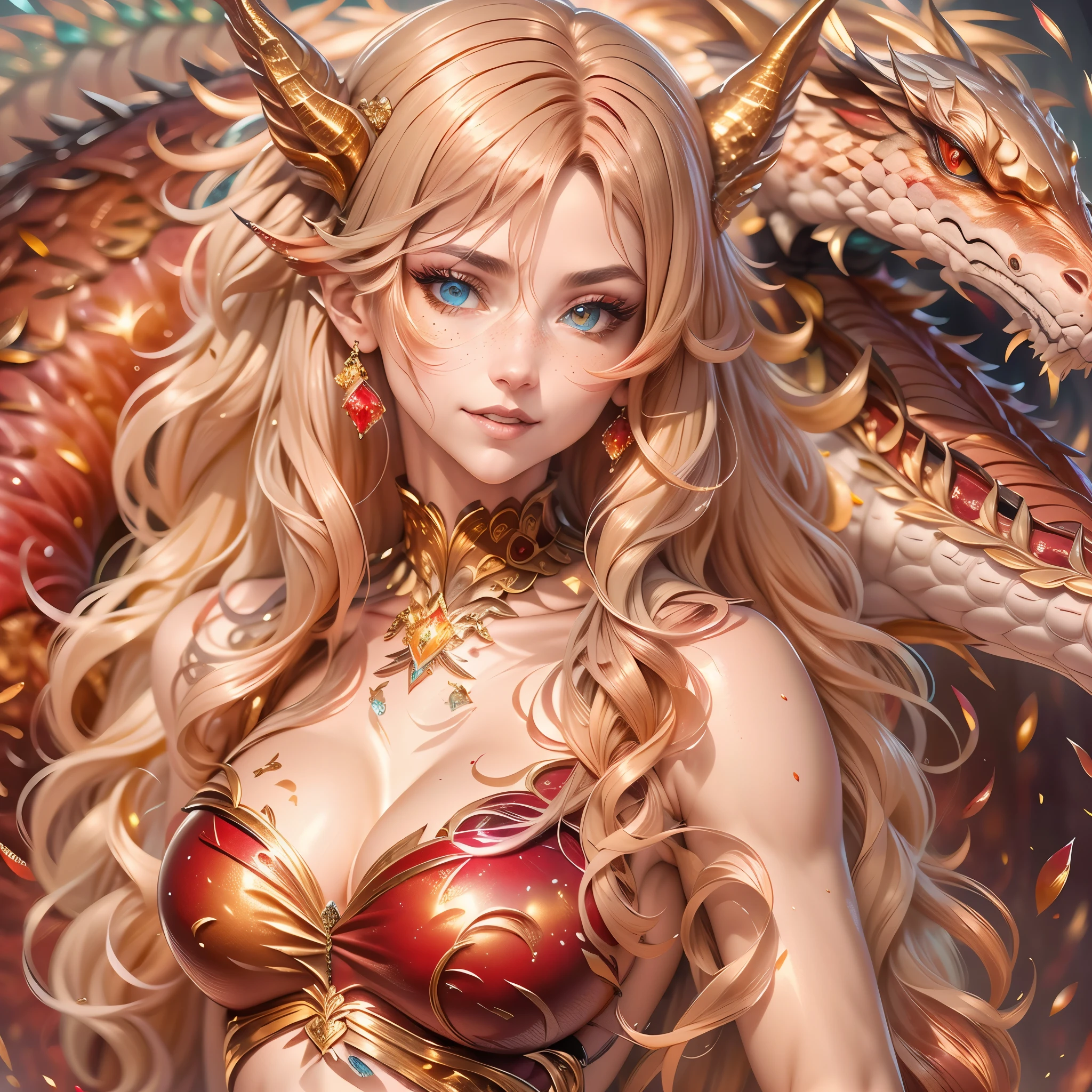 (best quality,4k,8k,highres,masterpiece:1.2, portrait), ultra-detailed, realistic, naked sexy dragon woman with red and gold glittering scales, skin is glittering ruby and golden scales, long wavy blonde hair with red highlights, very playful but mischievous smile, huge tits, gigantic breasts, naked, nude, detailed crotch, detailed vulva, sexy pose, playful, bi-coloured eyes, heterochromia, lustful