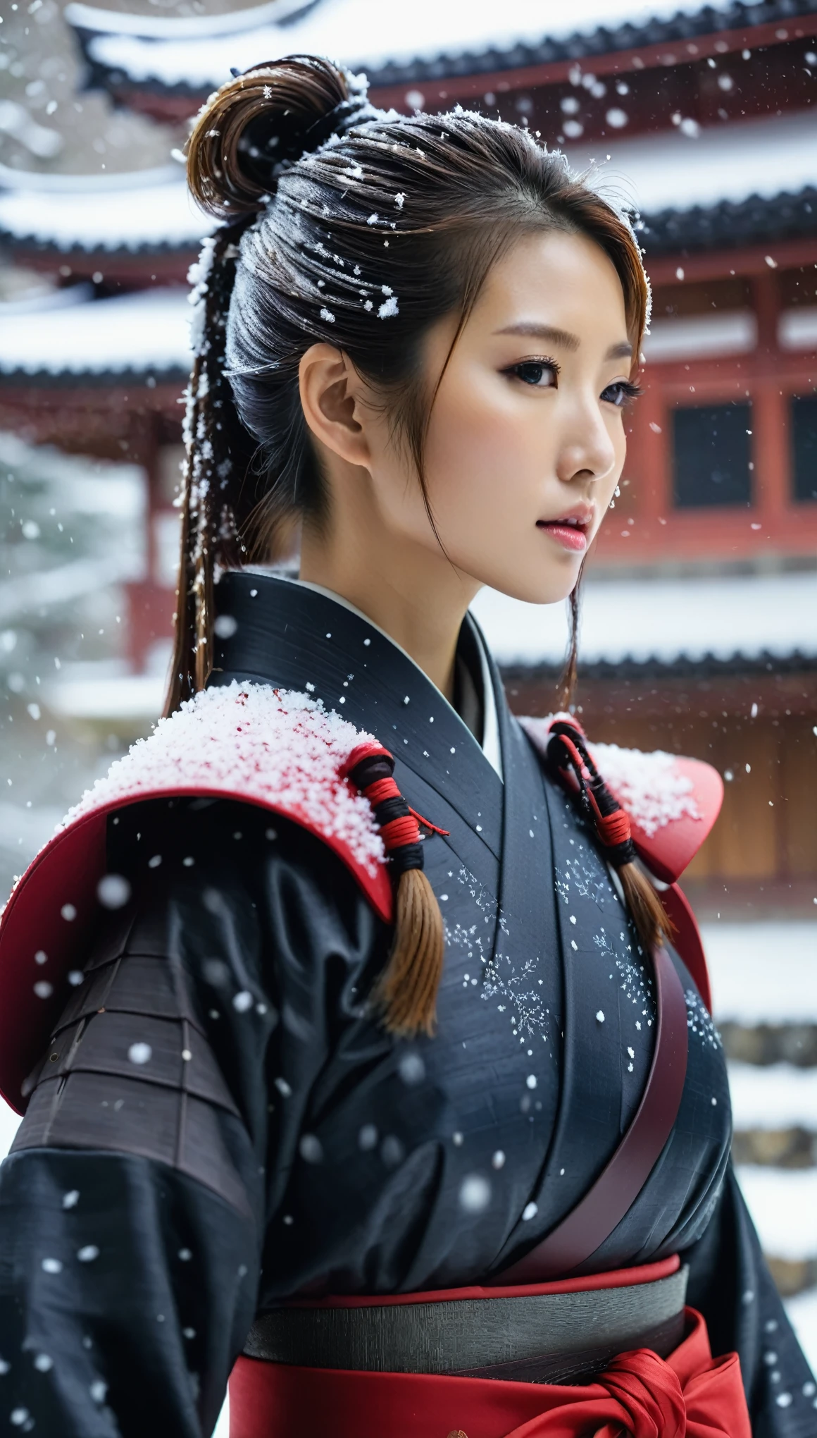 close-up of beautiful korean female, 34 inch breasts size, ponytail, wearing samurai armor, in the Japanese castle, snow falling, bokeh background, UHD