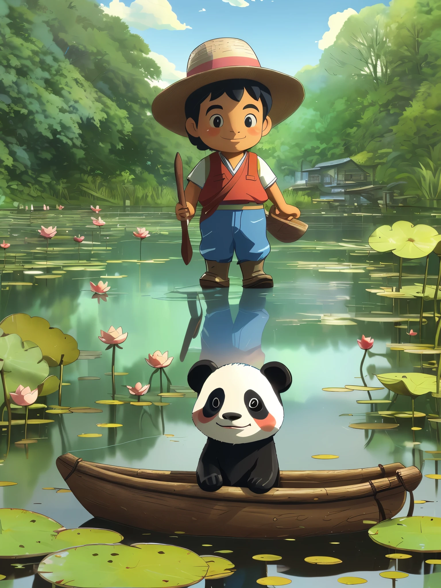 Very realistic 3D rendered scene picture. The subject is a small panda, wearing a sun hat and farm clothes, driving a canoe in a lotus pond, with plants. transparent grass in the foreground, blue sky and white clouds in the background, woods, pixels, IP, blind box, clay material, pastels, studio lighting. frontal, octane rendering, mixer, super quality, UHD, 8K, vivid brushstrokes, UHD, 8K, vivid brushstrokes, 8K --s 50 --iw 1 --ar 9:16 --q 2