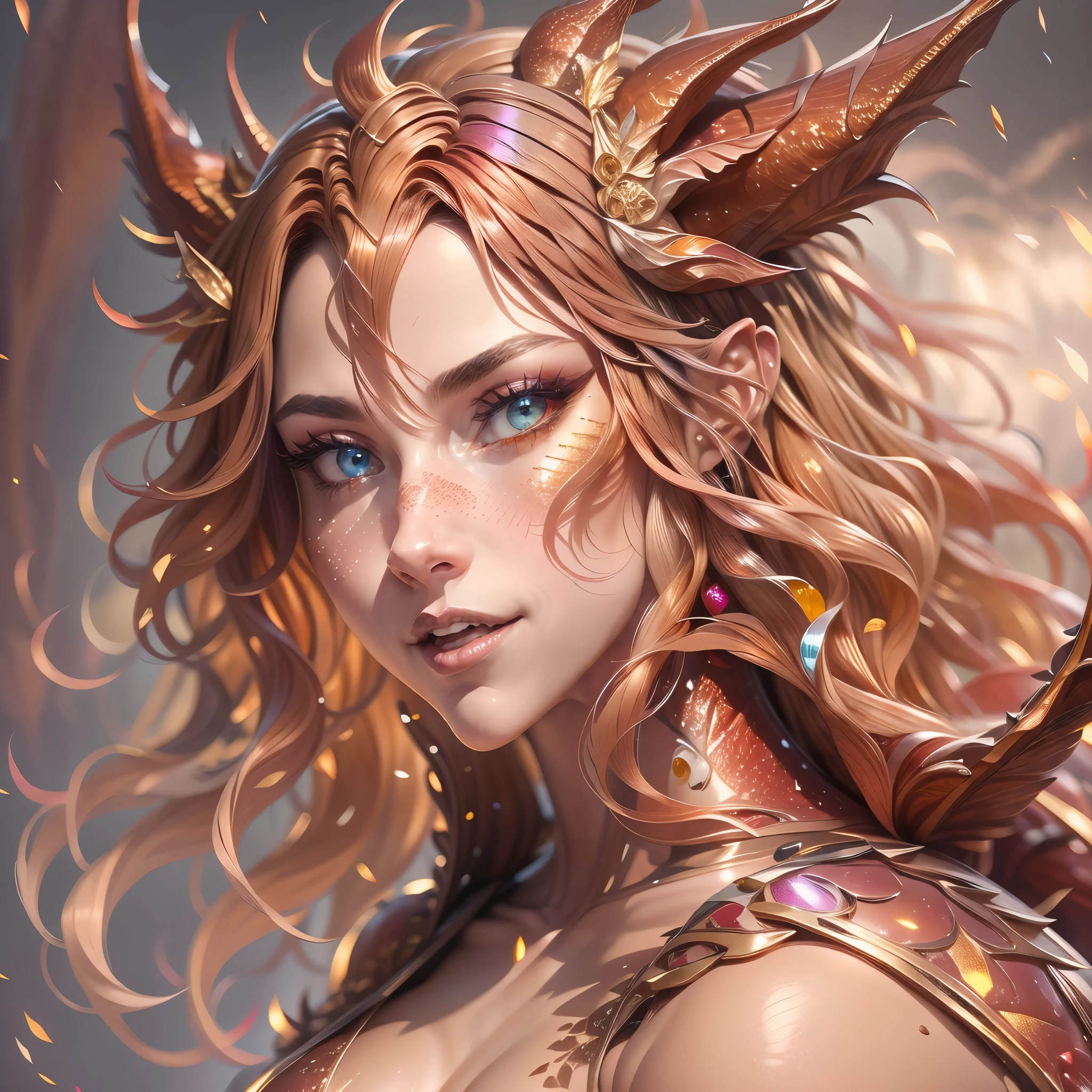 (best quality,4k,8k,highres,masterpiece:1.2, portrait), ultra-detailed, realistic, naked sexy dragon woman with red and gold glittering scales, skin is glittering ruby and golden scales, long wavy blonde hair with red highlights, very playful but mischievous smile, huge tits, gigantic breasts, naked, nude, detailed crotch, detailed vulva, sexy pose, playful, bi-coloured eyes, heterochromia, lustful