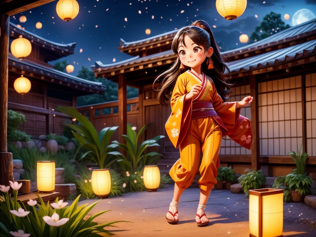 A girl drinking sake from a gourd, getting drunk and dancing, villagers watching her in amusement. (best quality,photorealistic:1.37),vivid colors,portrait,traditional style,night scene,wispy atmosphere,rural setting,full moon,fireflies,joyful expressions,detailed clothing,traditional dance moves,sake is overflowing from the gourd,shadows cast by moonlight,bright lanterns illuminating the scene,delicate facial features,long black hair flowing,traditional Japanese wooden houses,traditional music playing softly in the background,subtle cherry blossom petals drifting in the air.