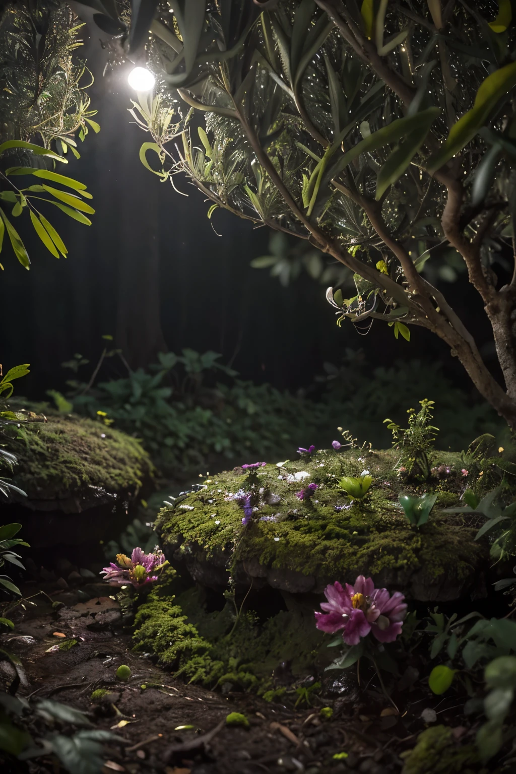 (Uma intrincada paisagem florestal de uma minicidade presa em uma garrafa), atmospheric olive lighting, na mesa, 4KUHD, dark vibes, hiper detalhado, fundo de floresta de cores vibrantes, epic composition, octane rendering, sharp focus, high resolution isometric