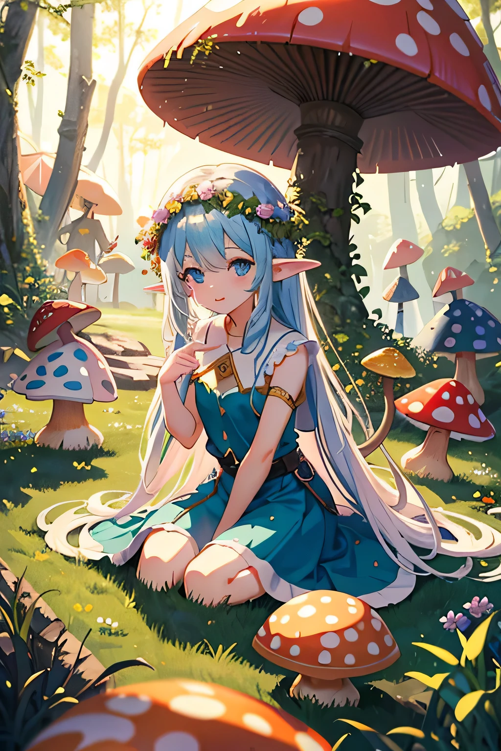 ((highest quality)), ((masterpiece)), (be familiar with), fantasy、giant mushroom、in the forest、Fairies、People who live in an elf village々、Party、crowd、Everyone loves it♡