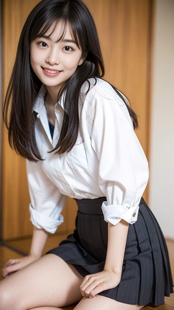 (((masterpiece))), (one beautiful japanese girl, classmate, innocence，cute) ，超A high resolution, realistic, Super detailed, 8K,highest quality, very detailed, detailed background,thin,very beautiful japanese girl, detailed face:1.3), (brown hair), (short bob hair), (baby face，cute系,adorable 14 year old girl), (perfect body:1.1), (brown blazer, light brown pleated mini skirt), provocative smile,show me your beautiful teeth,超detailed face、lip details、detailed eye、small gravure idol，transparent skin、，A Japanese high school with a school emblem on its chest、sexy pose，Please pay attention to your butt，Please think back，Skirt lifts、You can see the cute pants、skirt lift,put your panties aside,