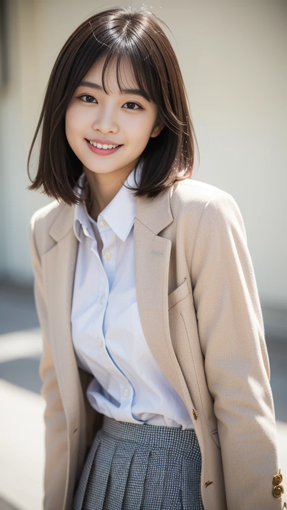 (((masterpiece))), (one beautiful japanese girl, classmate, innocence，cute) ，超A high resolution, realistic, Super detailed, 8K,highest quality, very detailed, detailed background,thin,very beautiful japanese girl, detailed face:1.3), (brown hair), (short bob hair), (baby face，cute系,adorable 14 year old girl), (perfect body:1.1), (brown blazer, light brown pleated mini skirt), provocative smile,show me your beautiful teeth,超detailed face、lip details、detailed eye、small gravure idol，transparent skin、，A Japanese high school with a school emblem on its chest、sexy pose，Please pay attention to your butt，Please think back，Skirt lifts、You can see the cute pants、skirt lift,put your panties aside,