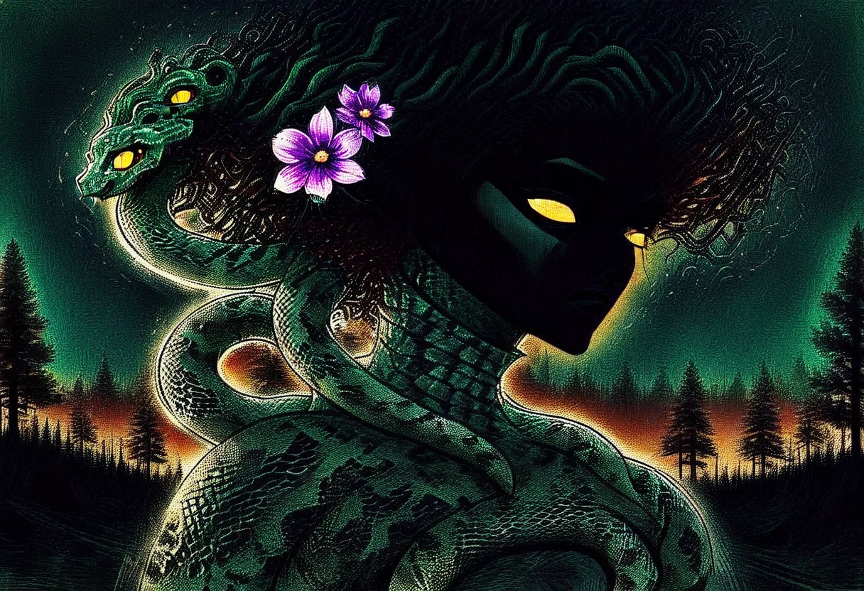 Medusa, splash page decompressed comic cover art, ink style figure, candid, snake skin dress, ((art style expressive Joelle Jones and "Sean Gordon Murphy" comic drawing)), cinematic poster double exposure, optical illusion, image within image, abyss void black no visibility darkness, full body portrait, (background, pine barrens, entropy, rewilding, magic hour sunset with galaxy stars, cosmos), (horror, abstract, surreal, body, cosmic), body drawn in Frederic Delavier musculature anatomical illustration art style, (face, ornate black metal ?????? paint, resembles Grace Jones), (body, Naga, snakefolk, lower body snake tail, snake woman hybrid, bald, hairless, skeleton, snake skin tattoos, piercing eyes, snake pupils, over the shoulder), (colors, merge bleak muted deep fiery radiant glowing ROYGBIV, forest green to earth brown), craftsmanship nuance, (art style Gerardo Zaffino charcoal), subliminal orchids, nyctophobia, (wordless, single image), silhouette