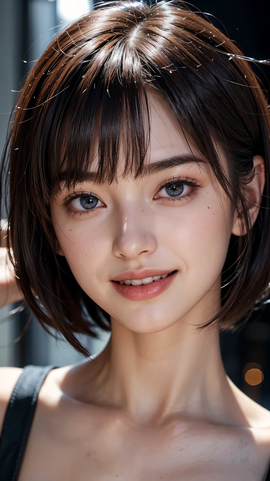 cute 26 year old,1 girl,slim face ,8K,Super realistic image quality,dynamic shadow,sparkling eyes,((Clear black eyes))clear pale blue eyes,movie theater lighting,((dark back alley)),((City lights)),night,Darkness of the city,suit, ((face close up:1.4)),((A smile showing white teeth)),((Open mouth and smile happily)),((maroon short hair)),((very short bangs)),close, 8K, Raw photo, highest quality, masterpiece,realistic, photo-realistic,