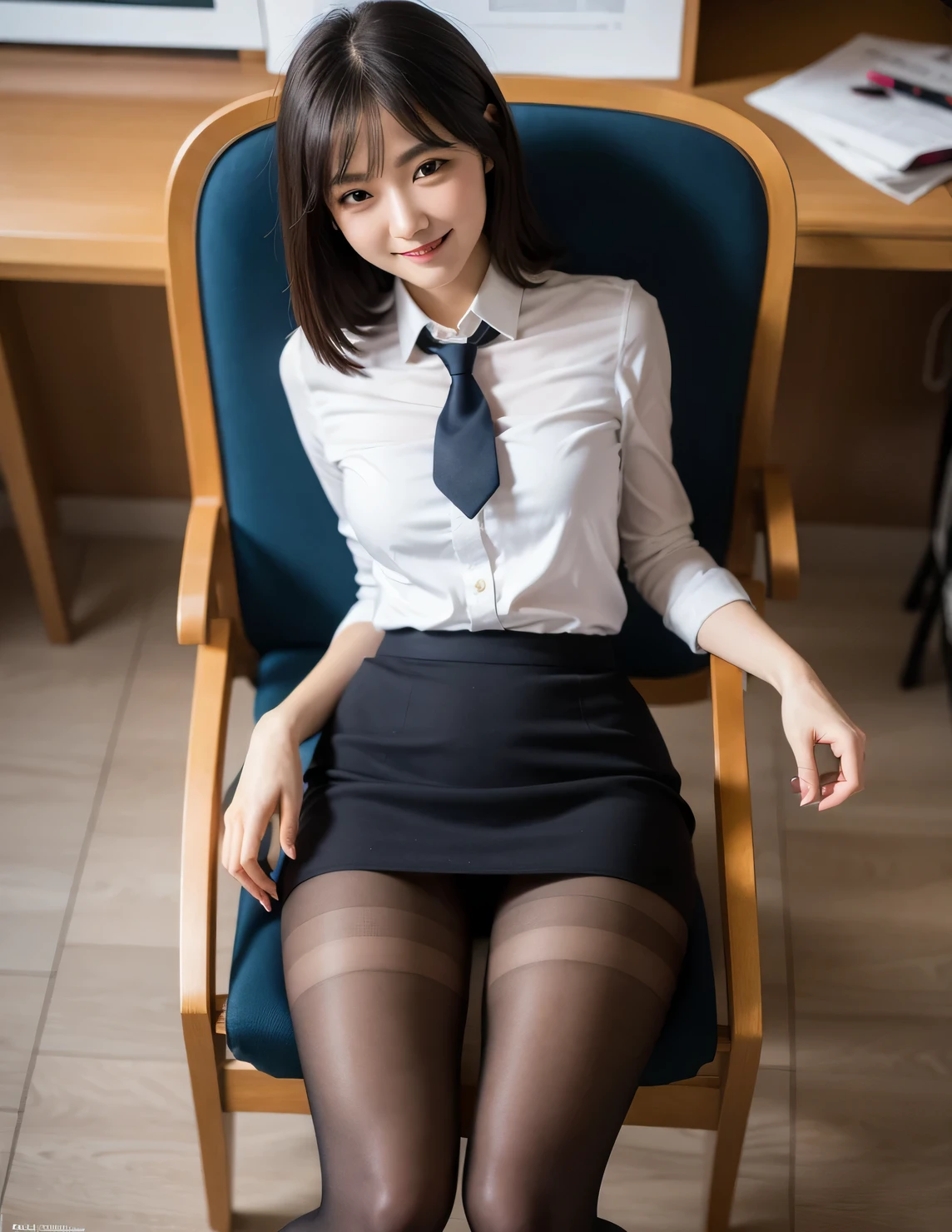 1girl in,Young Girl, Shiny skin,medium breasts,Nice leg line:1.3, thin waist,School uniform, thighs thighs thighs thighs,neck tie,((pencil skirts)),Looking at Viewer,From below,( pantyhose:1.3),(Golden ratio figures),(Office, Sit in a chair:1.3),Short
masterpiece, Best Quality, Best perspective, Ultra-detailed and intricate, Extremely delicate and beautiful, Best Quality light, (Ray tracing:1.1), Anti-aliasing,
Realistic,photoRealistic,award-winning illustration,(Intricate details:1.2),(delicate detailed) (Intricate details),(Cinematic Light,Best Quality Backlights),Clear Line,Sharp Focus,Official art,Unity 8k wallpaper,absurderes,incredibly absurderes,huge filesize,Ultra-detailed,hight resolution,extremely detailed Extremely delicate and beautiful,Raw photo, Professional Lighting,Dynamic lighting,Light on the Face,depthoffield,solofocus,,grin