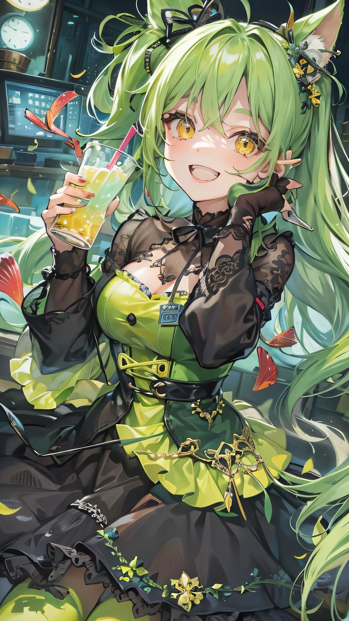 perfect anatomy, masterpiece:1.4, best quality, 8k, beautiful detailed grow, daydreaming expression, (in a glay cute Gothic Dress) (solo ponytail:1.1 green hair long hair cute girl, 15 yo, cute yellow eyes, happy smile), (hands holding a drink), break, in the night, in the Party Venue.