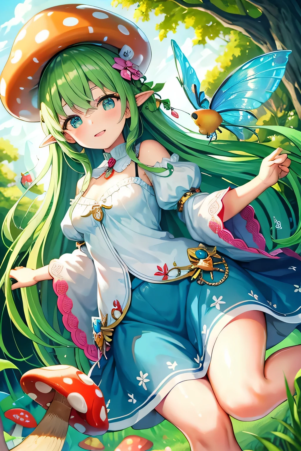 ((masterpiece, best quality)), highly detailed, from behind, looking back, (minigirl), fairy, fairy wings, koonago, wavy hair, double buns, teal hair, very long hair between eyes, flower crown, patchwork dress, upskirt, (one thighhigh), nopan, ass, pussy, pussy juice, suggestive fluid, fat mons, yellow eyes, wide eyes, sassy, magical forest, colorful, pastel