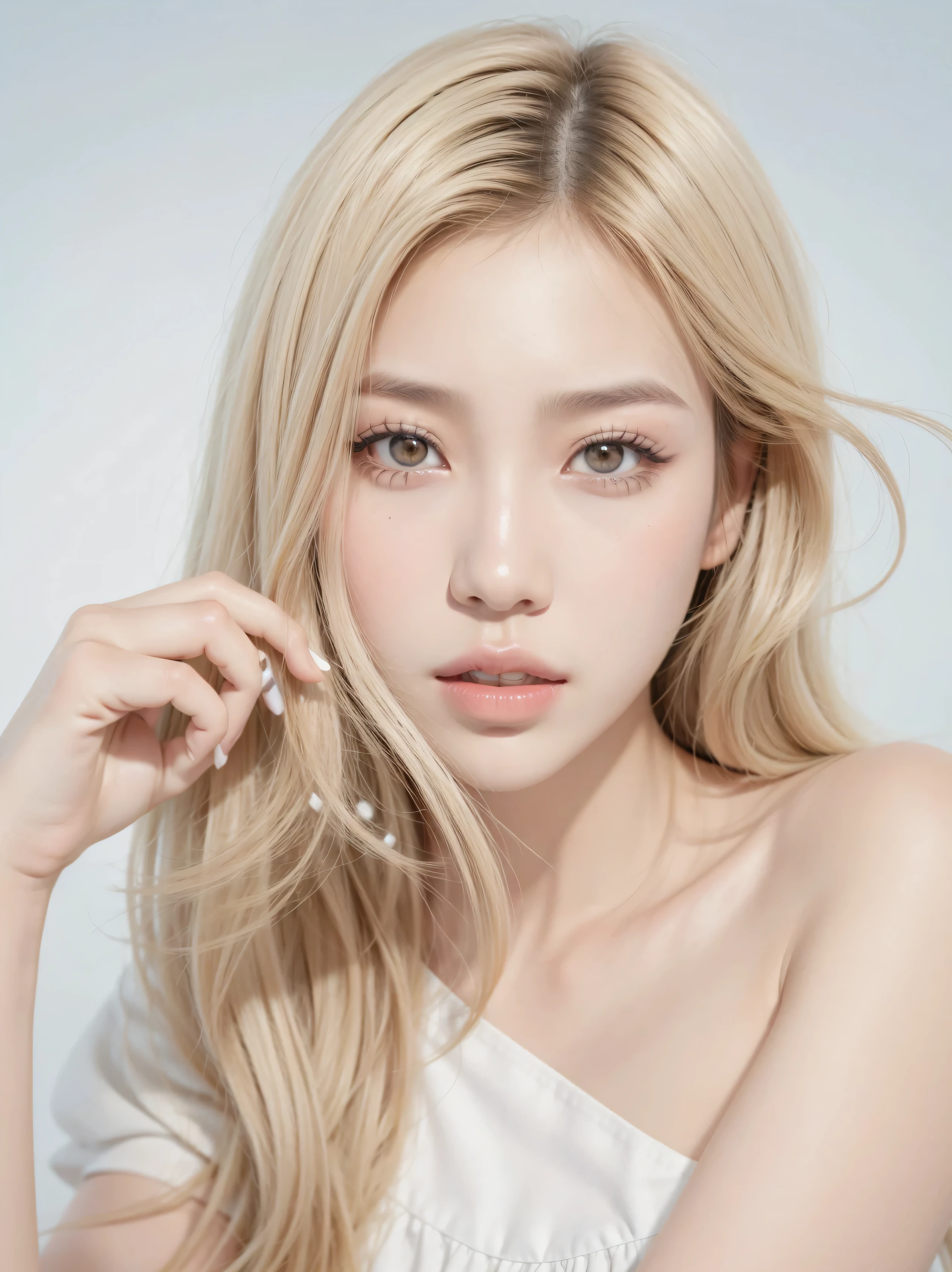 Chica araffe con cabello largo y rubio, portrait of jossi of rosa negro, roseanne park of rosa negro, jossi of rosa negro, maquillaje popular de corea del sur, rosa negro jennie, maquillaje coreano popular, portrait jisoo rosa negro, rosa negro, color de pelo blanco, con pelo largo y blanco, kim doyoung, sha xi, Korean idol woman portrait, art album