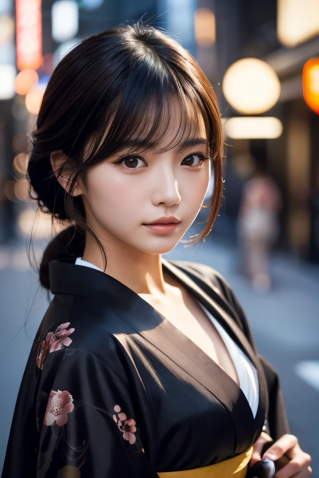 Beautiful Japanese supermodel woman, A lock of hair with slight highlights, black eyes, Sexy，street background，Gorgeous kimono , Liquid color flows across her face, Shooting against the light，Perfect facial lighting，mixed media,Face to the right