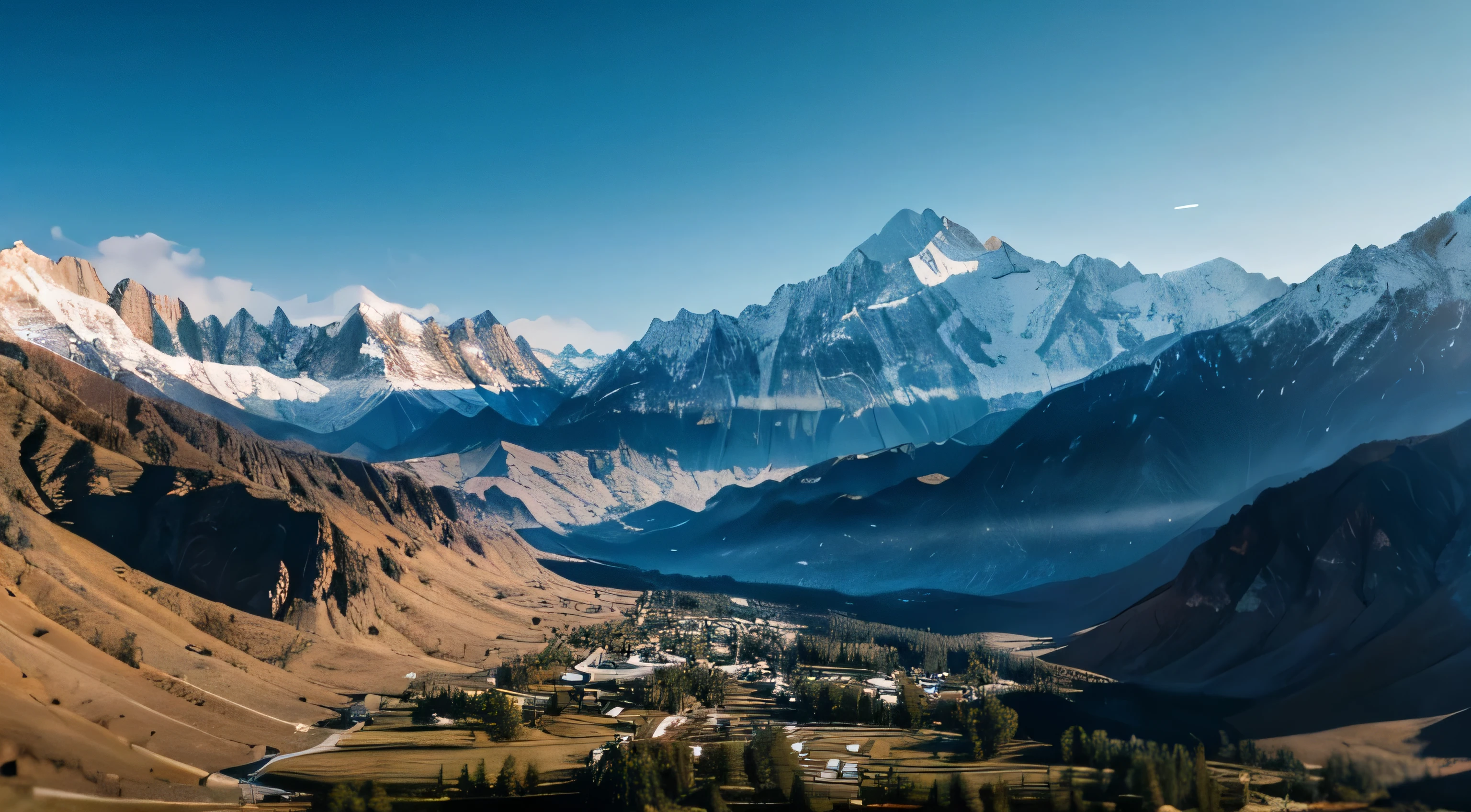 Drone footage of mountains in the style of a cinematic video，Shallow depth of field，Topic Spotlight，Dynamic movement