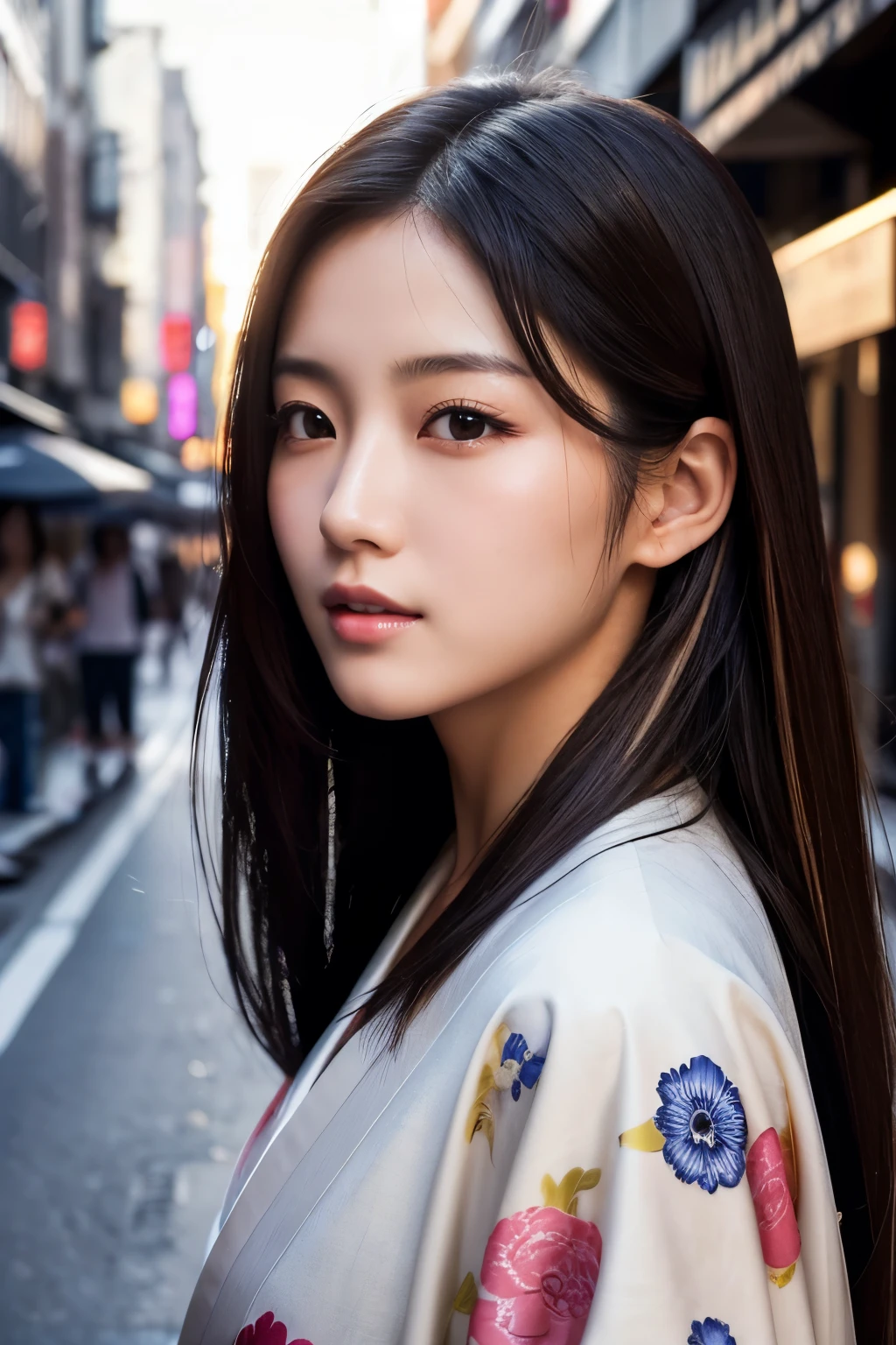 Beautiful Japanese supermodel woman, A lock of hair with slight highlights, black eyes, Sexy,street background,Gorgeous kimono , Liquid color flows across her face, Shooting against the light,Perfect facial lighting,mixed media,Face to the right