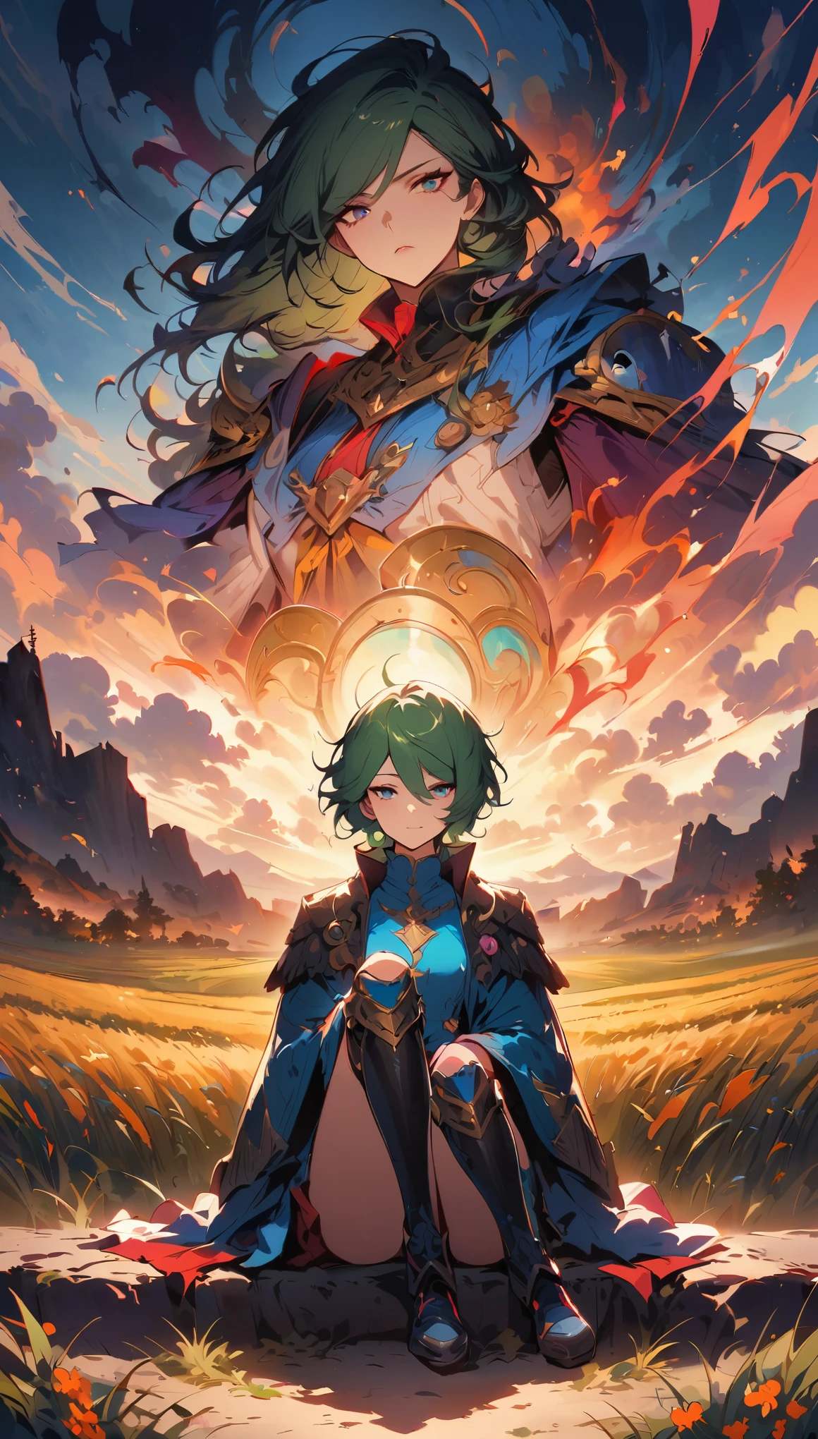 Zuo Ye, magic punk style, Extremely ridiculous, concept art, best quality, perfect lighting, illustration, vanishing point, sitting, looking at the audience, adult role, 1 girl, Green hair, dye bangs, Bright Eyes, wear (Fantasy style crotch and shin pads:1.1), wheat field, Detailed background, amazing background