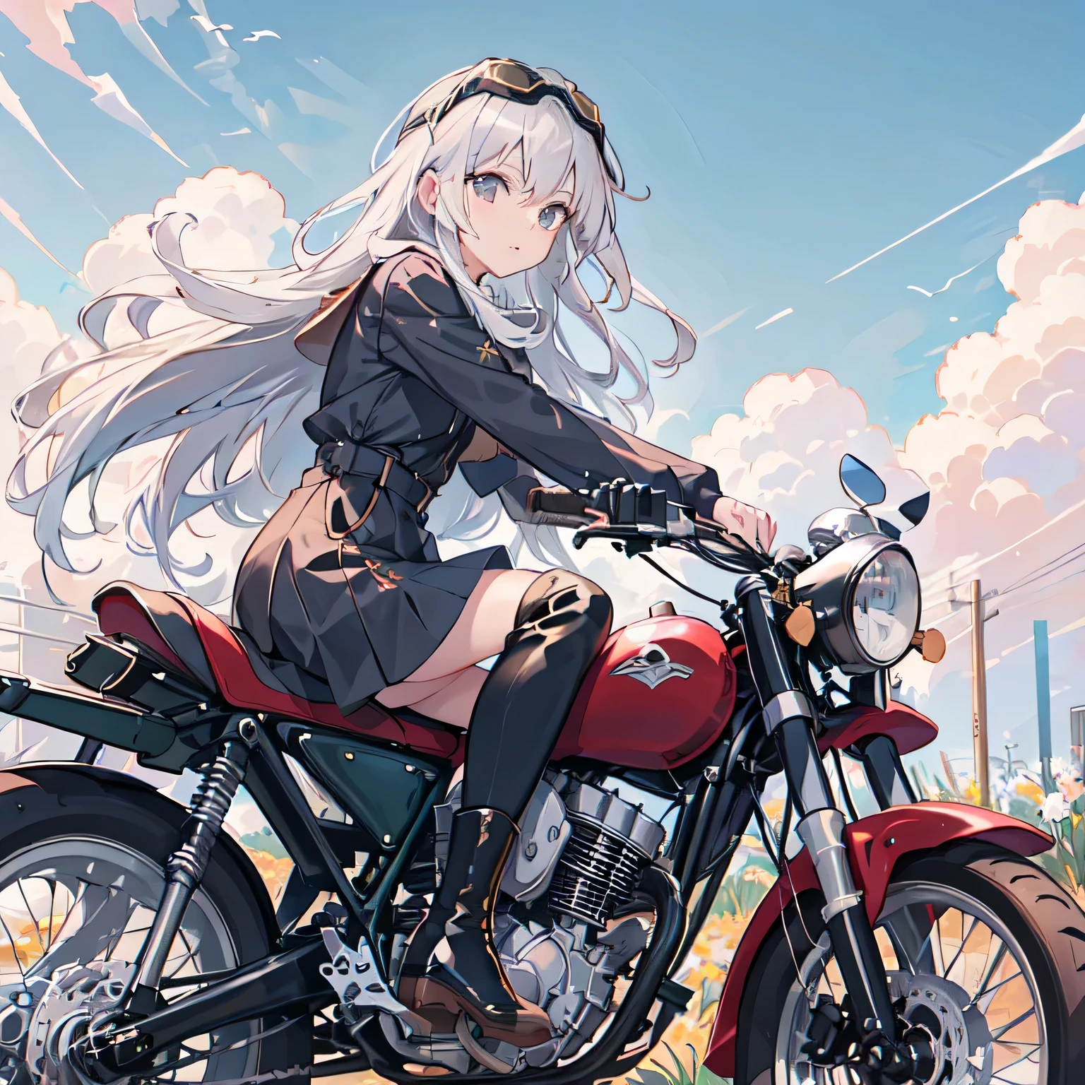 (Ride a classic motorcycle )、（Goggles and helmet）、 summer, Wind, scratch, sun,, Perfect face and blonde hair、Wearing a light summer dress、Delicate beauty in black boots、