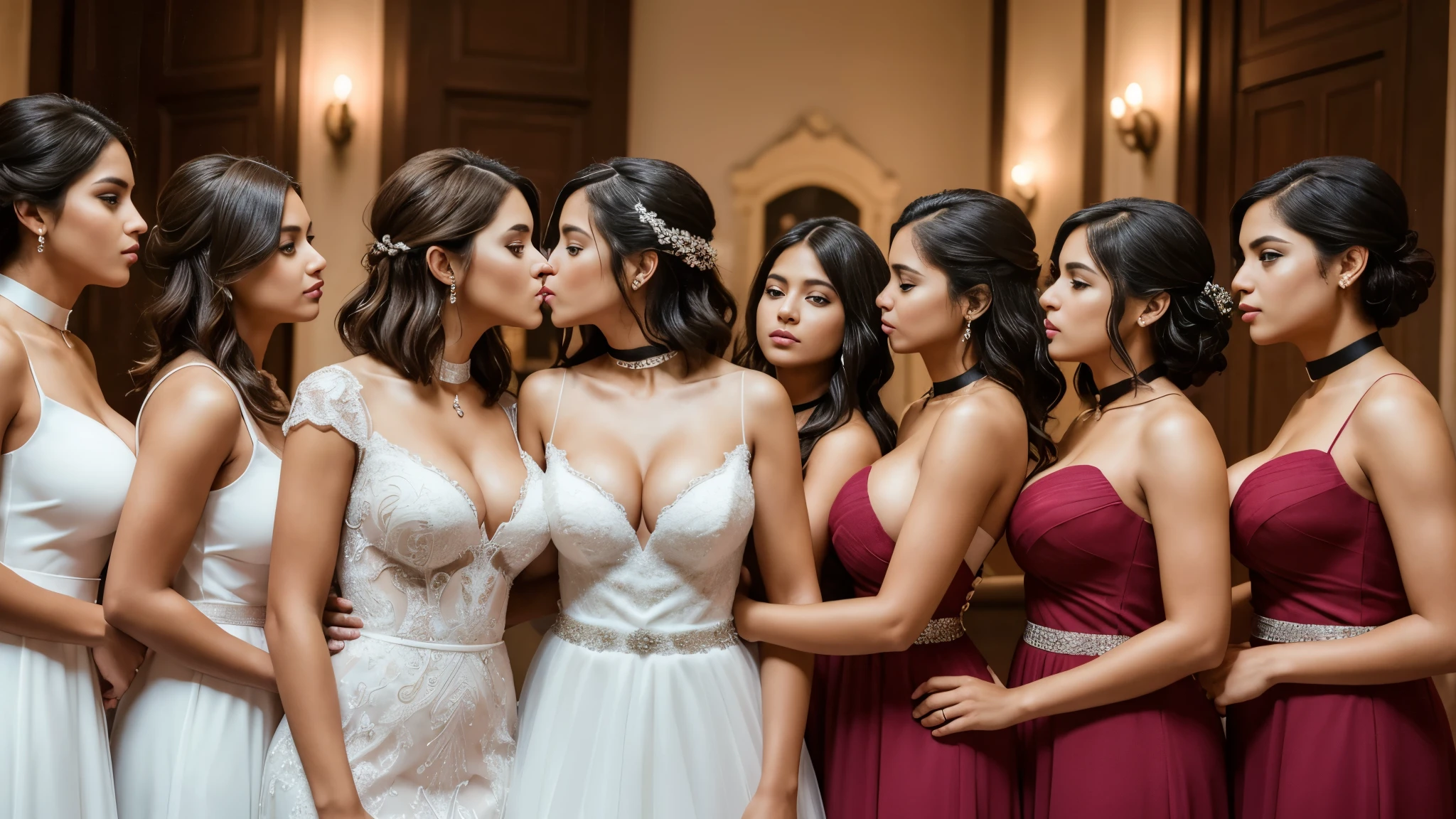 Isabel Merced, group of girls in colored wedding dresses, (long bob_cut hair), choker, (kissing:1.3), (skin texture:1.1), (high detail face:1.1), full bodyshot, high detail body, high detail clothes, (big breasts:1.3),(masterpiece), (realistic), ultra high definition, 4k, ultra high resolution, cinematic lighting, rim lighting, photo by Arny Freytag, RAW image