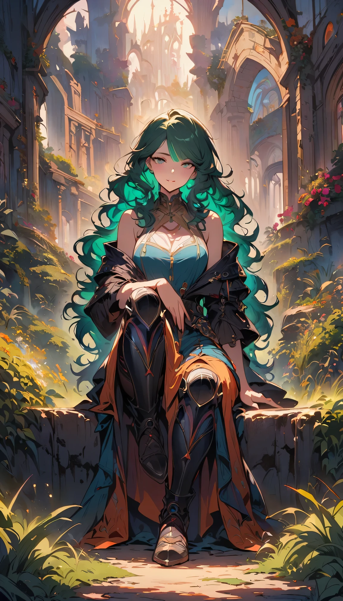 Zuo Ye, magic punk style, Extremely ridiculous, concept art, best quality, perfect lighting, illustration, vanishing point, sitting on the stone, looking at the audience, Mature female characters, 1 girl, Green hair, dye bangs, Bright Eyes, wear (Fantasy style crotch and shin pads:1.1), wheat field, Detailed background, amazing background