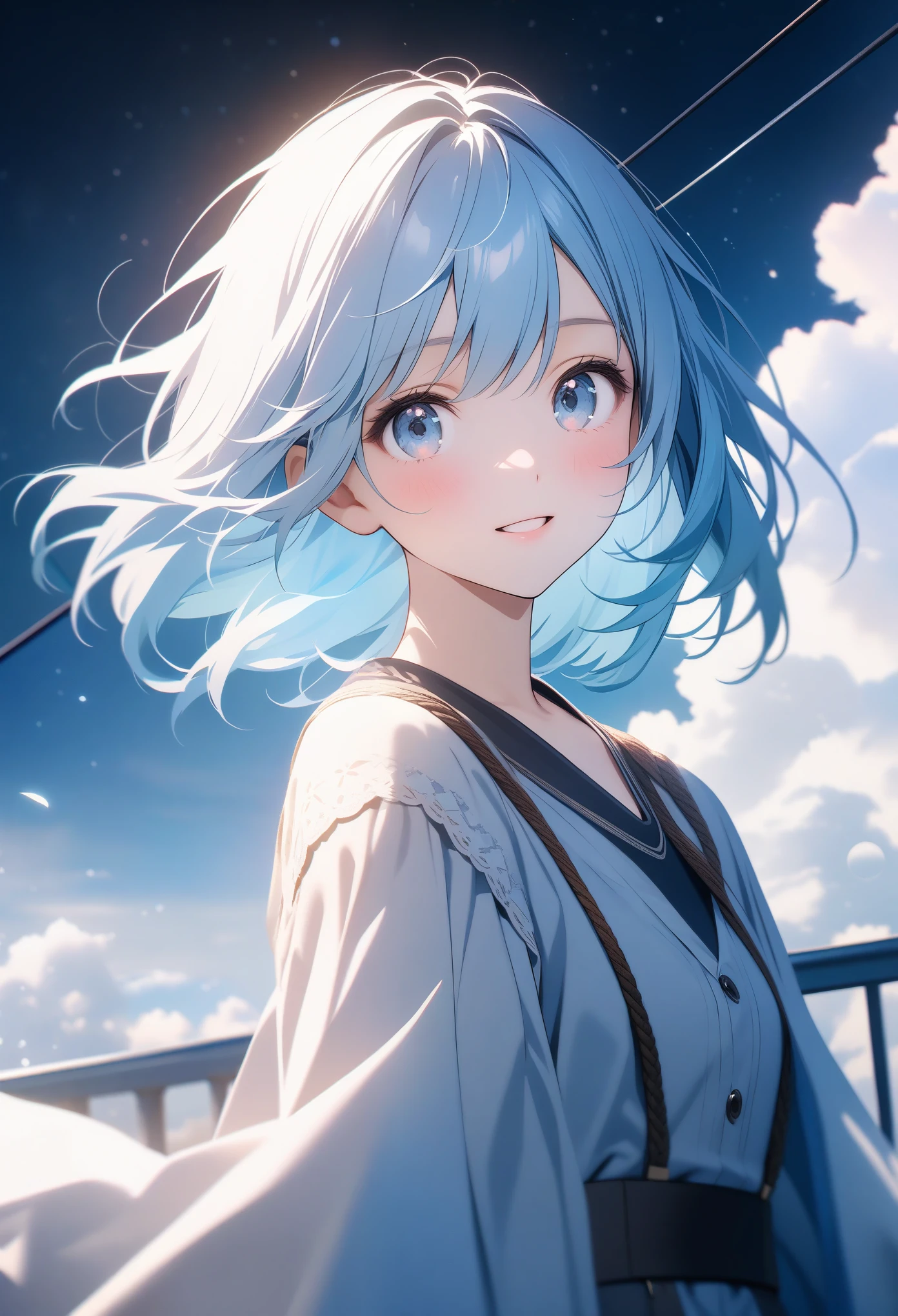 (8K, original photo, top quality, highly detailed CG Unity 8K wallpaper, masterpiece: 1.2), girl, light blue beautiful hair, floating in the sky, cloud girl, cloud, (close up: 1.1), bright, happy, pleasure, soft light, (Bauhaus, shape, Wire, Abstract: 1.1) Cornflower, small and beautiful girl with detailed eyes, light blue beautiful hair, light blue monochromatic dress, Upper body, The depth of field in the photo is perfect, Lens flare adds a nice touch. The delicate facial features on his face really stand out, And the score in this photo is definitely above 10 points. In the background, there were cloud, a stunning picture that really captured the beauty and cloud of the girl. , Accurate depiction of iris, Looking at the viewer lovingly like a gentle goddess,