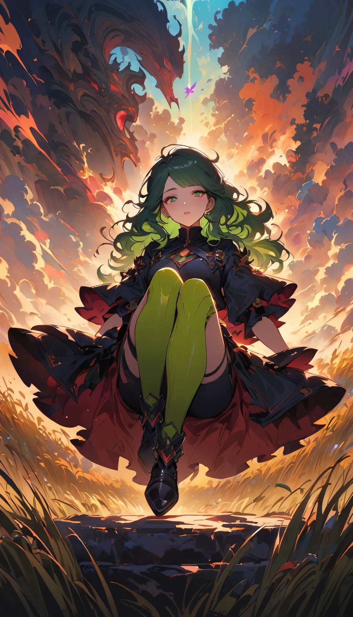 Zuo Ye, magic punk style, Extremely ridiculous, concept art, best quality, perfect lighting, illustration, vanishing point, sitting on the stone, looking at the audience, Mature female characters, 1 girl, Green hair, dye bangs, Bright Eyes, wear (Fantasy style crotch and shin pads:1.1), wheat field, Detailed background, amazing background