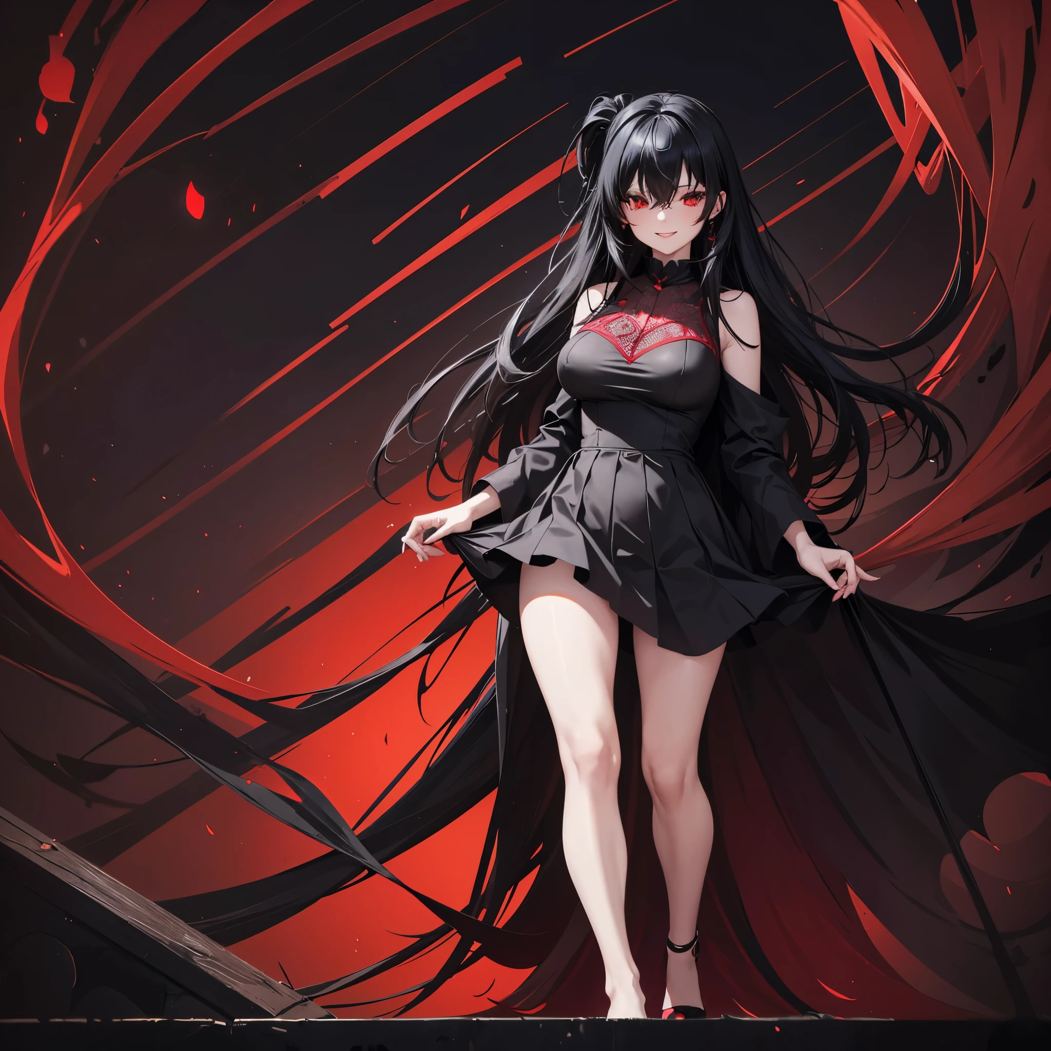 Black maid outfit, whole body, Long black hair,Red eyes,In the spotlight,(It generates high-quality female works with a dark and insane horror movie-like world view centered on black. She has a creepy and attractive physique、whole body黒のファッションスタイルを着ています