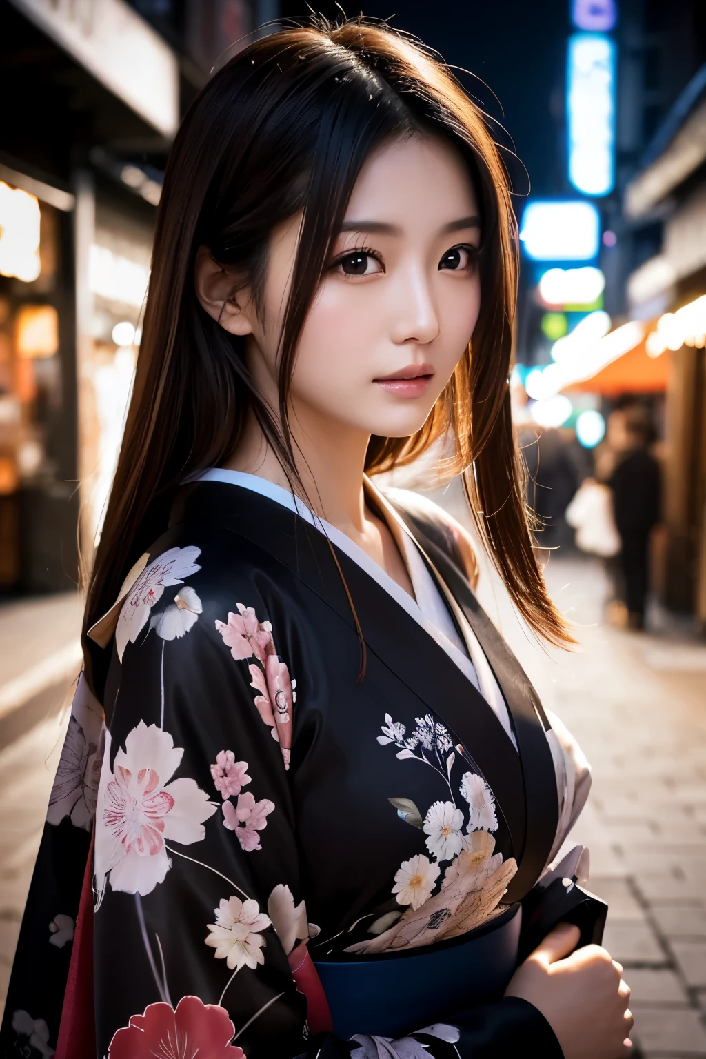Beautiful Japanese supermodel woman, A lock of hair with slight highlights, black eyes, Sexy,street background,Gorgeous kimono , Liquid color flows across her face, Shooting against the light,Perfect facial lighting,mixed media,Face to the right