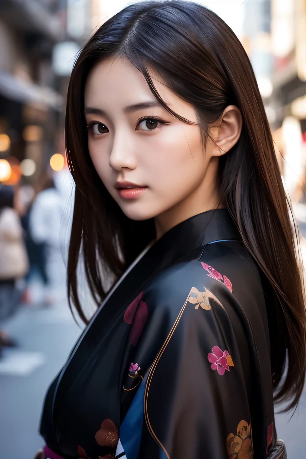 Beautiful Japanese supermodel woman, A lock of hair with slight highlights, black eyes, Sexy，street background，Gorgeous kimono , Liquid color flows across her face, Shooting against the light，Perfect facial lighting，mixed media,Face to the right