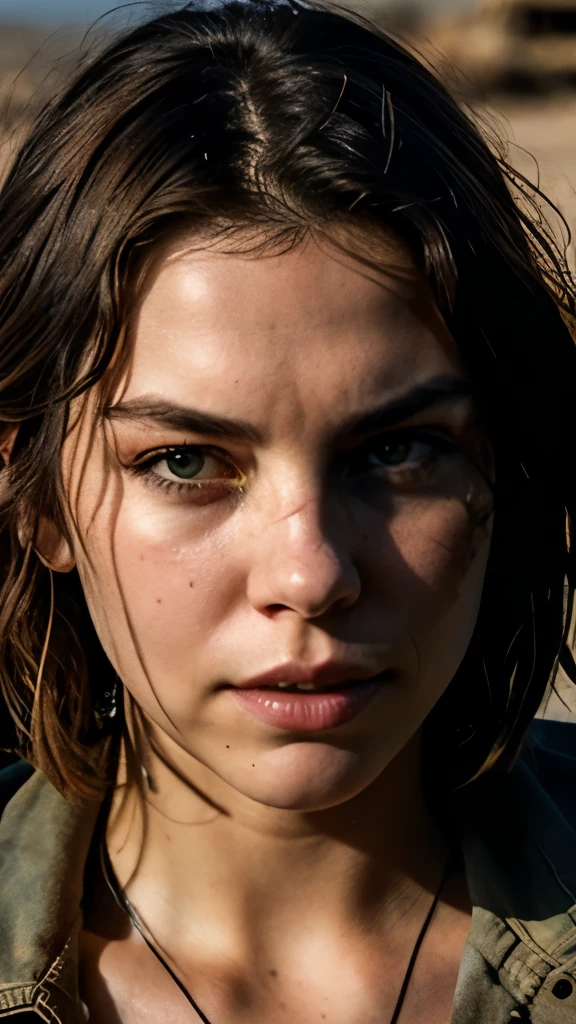 A stunning intricate full color portrait of Lauren Cohan, wearing ripped clothes, mad max movie set, dirty face, happy, epic character composition,by ilya kuvshinov, alessio albi, nina masic,sharp focus, natural lighting, subsurface scattering, f2, 35mm, film grain, full body in the picture