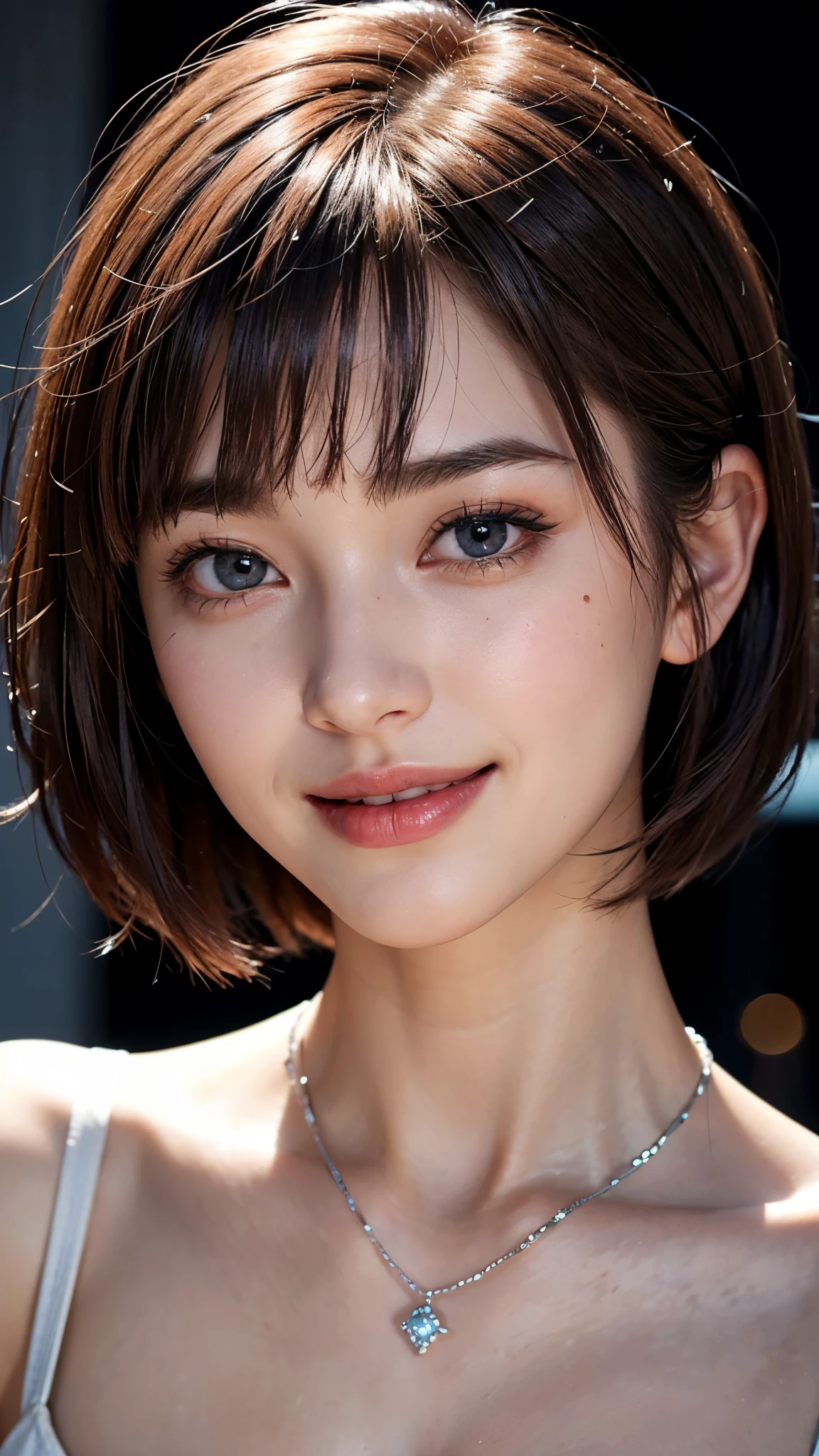 cute 26 year old,1 girl,slim face ,8K,Super realistic image quality,dynamic shadow,sparkling eyes,((Clear black eyes)),Sparkling diamond necklace,clear pale blue eyes,movie theater lighting,((dark back alley)),((City lights)),night,Darkness of the city,suit, ((face close up:1.4)),((A smile showing white teeth)),((Open mouth and smile happily)),((maroon short hair)),((very short bangs)),close, 8K, Raw photo, highest quality, masterpiece,realistic, photo-realistic,