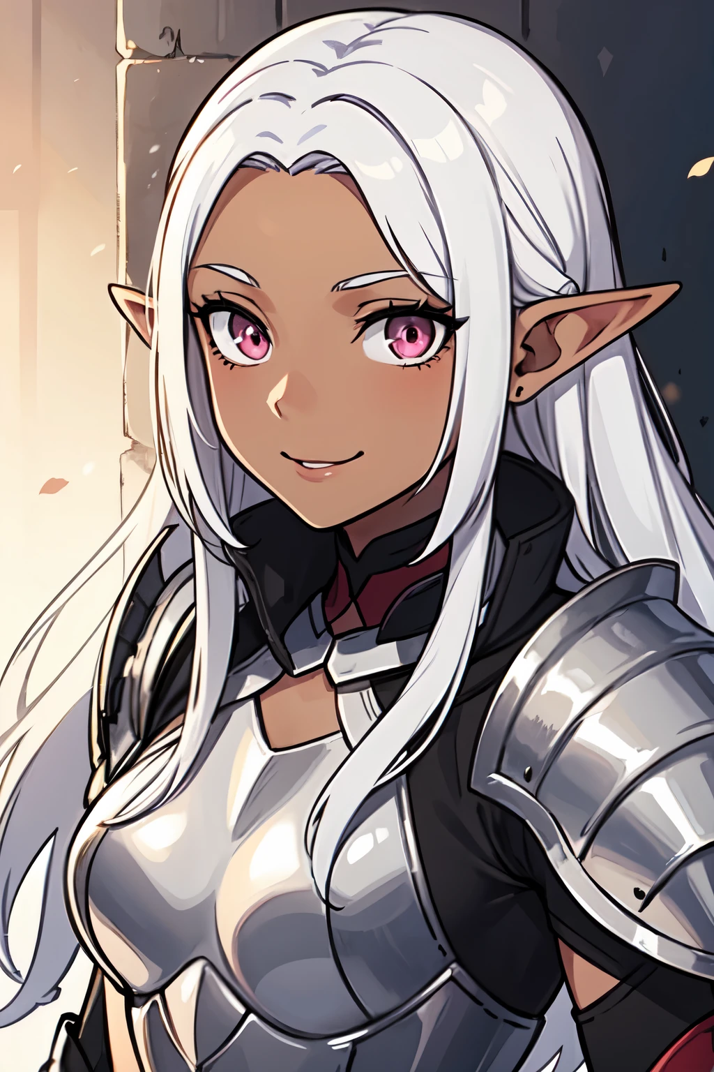 masterpiece, best quality, 1girl, solo, portrait, dark skin, dark-skinned female, elf ear, long hair, white hair, pink eyes, silver armor, smile, parted hair, armored dress