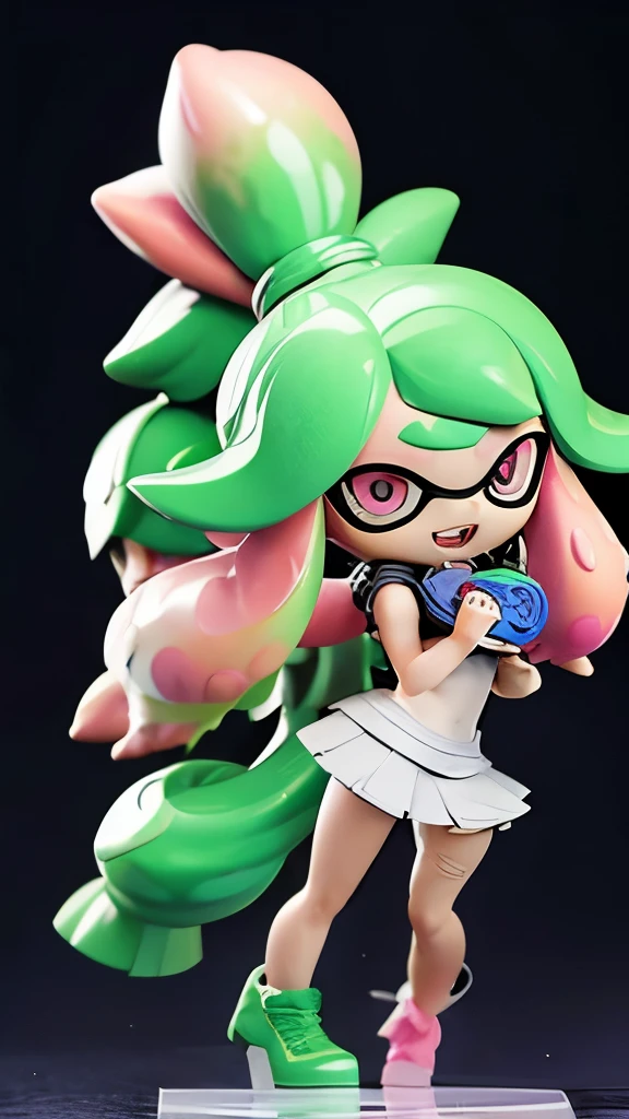 masterpiece、highest quality、High resolution、4k、1 beautiful girl、girl、splatoon inkling, tentacle hair、ink bomb、(((whole body)))、silver tentacle hair、ponytail tentacle hair、Large pink ribbon、sharp outline、golden eyes、Big eyes、cute eyes、open mouth smile、cheek、Lipstick、slender body、super big breasts、cleavage、pointed earicro mini skirt、Large accessories、outdoor、sexy dynamic pose、figure、Mecha、sc0lpt