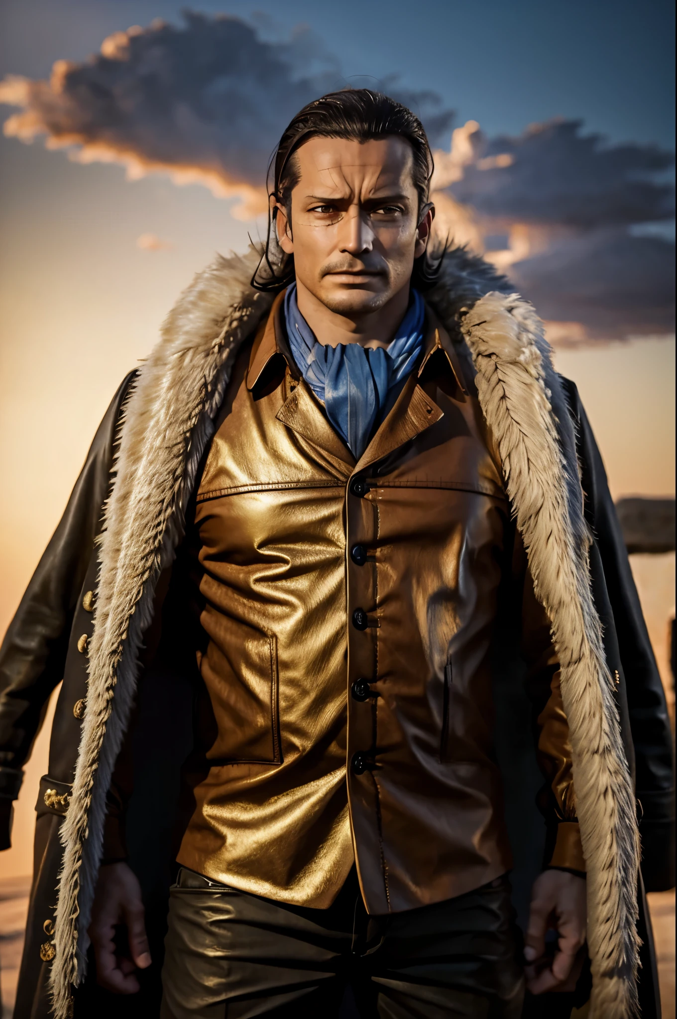 masterpiece, best quality, extremely detailed, hyperrealistic, photorealistic, a cool 40s man, ultra detailed face:1.2, fur-trimmed coat, scarf around the neck, his left hand is a golden pirate hook:1.1, ciger, sky, raging
