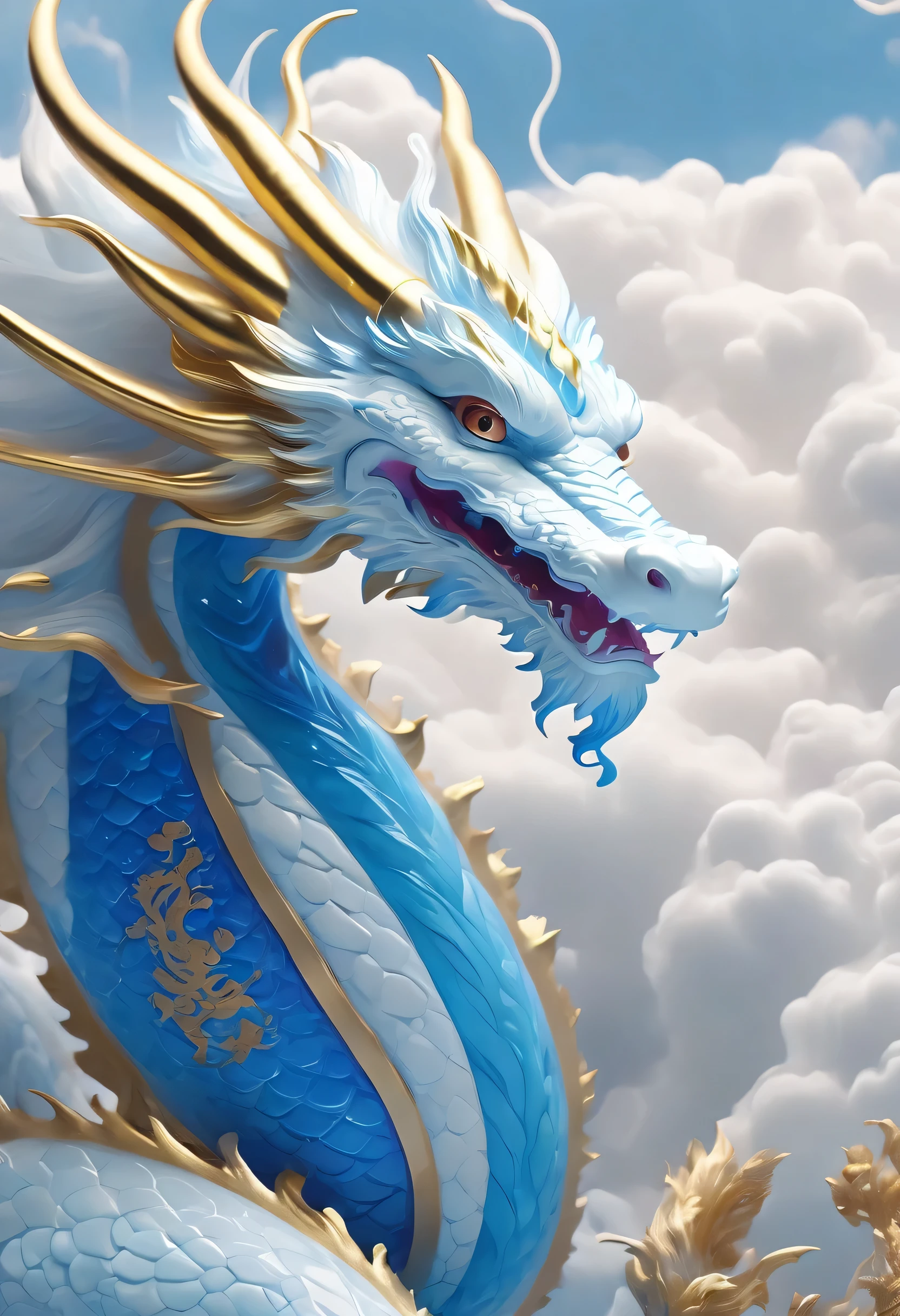 Super detailed，Super realistic，scales，detail，close up，Chinese dragon，In the clouds，Large white clouds，blue，silver scales，Gold texture，pattern，glass texture