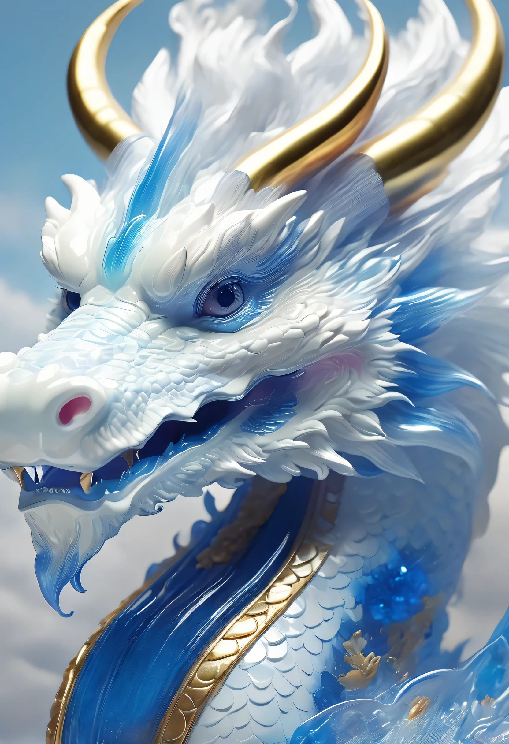 Super detailed，Super realistic，scales，detail，close up，Chinese dragon，In the clouds，Large white clouds，blue，silver scales，Gold texture，pattern，glass texture