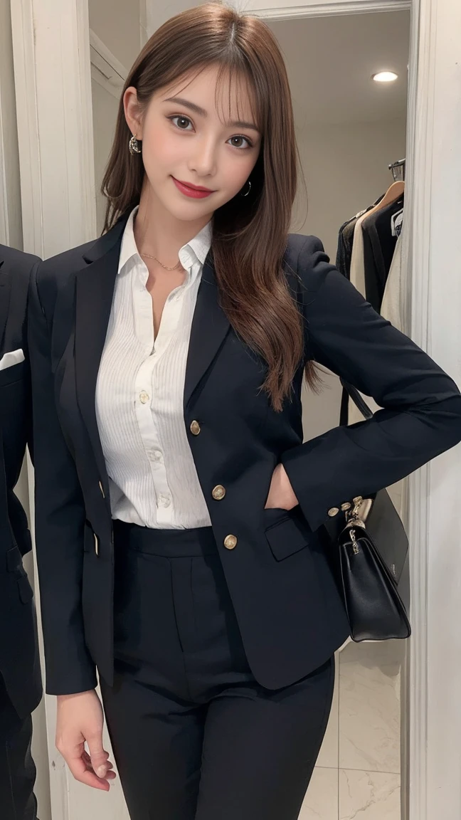 最high quality, masterpiece, 32k、Super detailed、realistic、4 girls, japanese woman、cute face, (photo actual:1.3), edge lighting, (high detail skin:1.2), 8K超High resolution, Single-lens reflex camera, high quality, High resolution, 4k, 8K, Optimal ratio of 4 fingers to 1 thumb, (actual:1.3), cute 4 girls, wearing a black formal blazer, wear a white shirt inside a suit jacket、Black Formal Pantsuit、natural poses for photos、natural smile、Honesty
