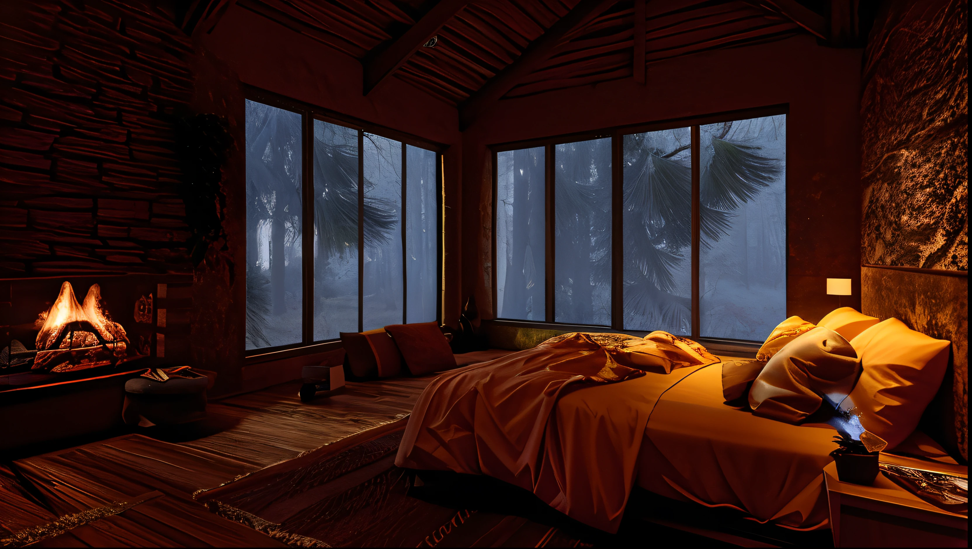Room with fireplace and bed in front of the window, Large windows with views of the forest at night, The room is poorly lit, darkroom, darkroom, cozy place, Warm and peaceful environment, cozy atmosphere, comfortable room, cozy atmosphere, Unreal Engine realistic rendering, comfortable and calm, HDR rendering in Unreal Engine 5, Atmospheric cold light lighting, comfortable bed