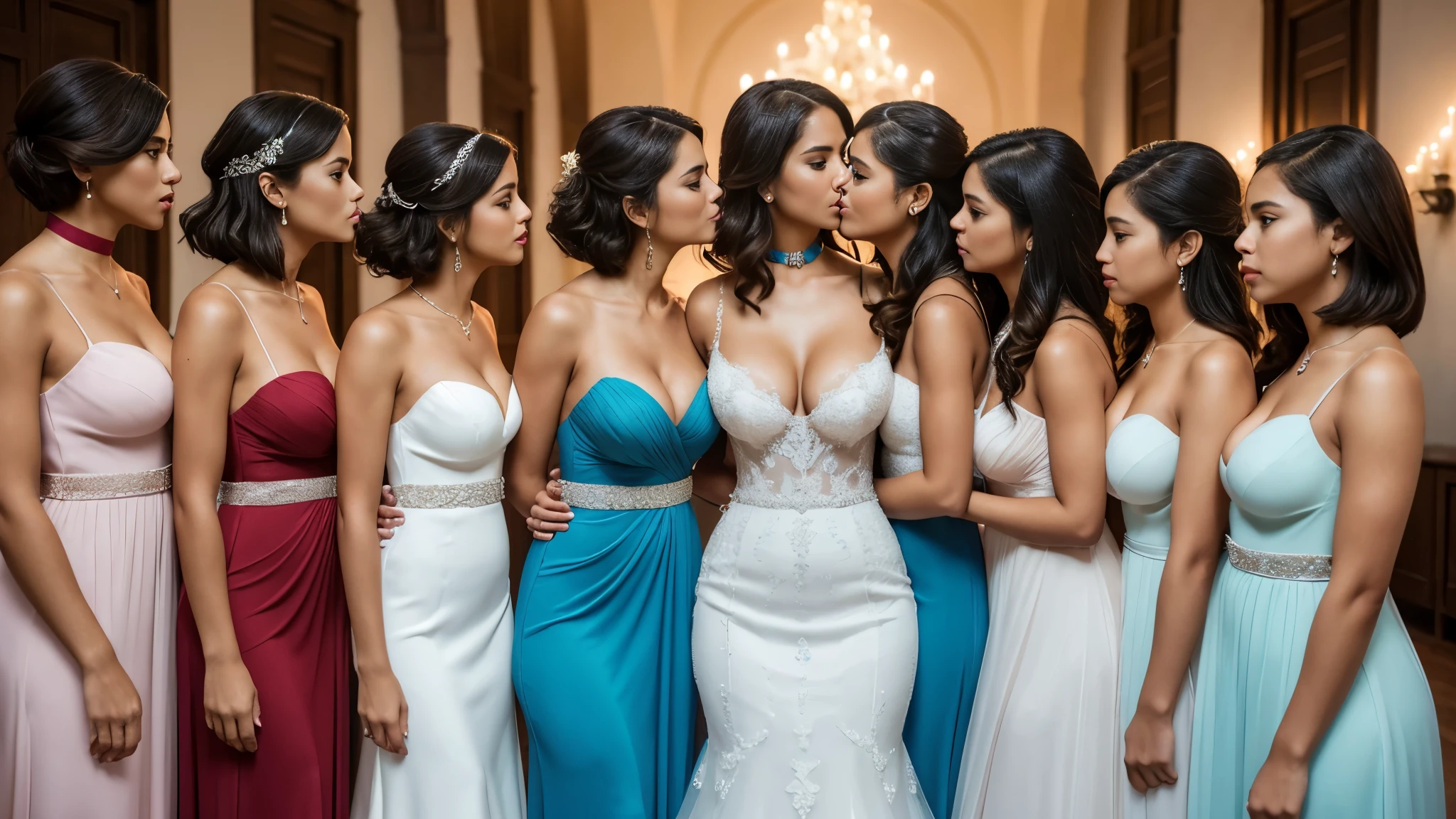 Isabel Merced, group of girls in colored wedding dresses, (long bob_cut hair), choker, (kissing:1.3), (skin texture:1.1), (high detail face:1.1), full bodyshot, high detail body, high detail clothes, (big breasts:1.3),(masterpiece), (realistic), ultra high definition, 4k, ultra high resolution, cinematic lighting, rim lighting, photo by Arny Freytag, RAW image