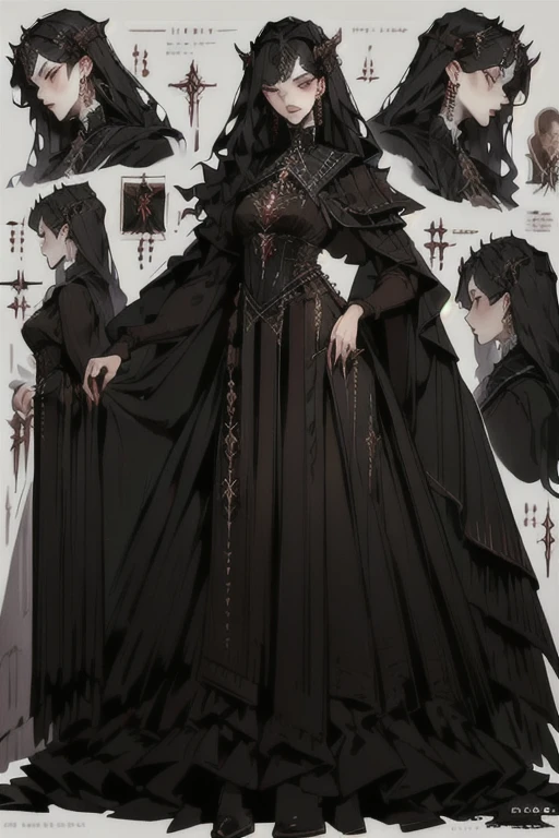 Concept art темного леса, Hanbok, woman in a black dress with horns on her head, brown robes, Concept art, blood-borne, elaborate costume, churchman, Jackie Tsai style, umber color scheme, design sheet, Trends on CGstation, character design : : Gothic  