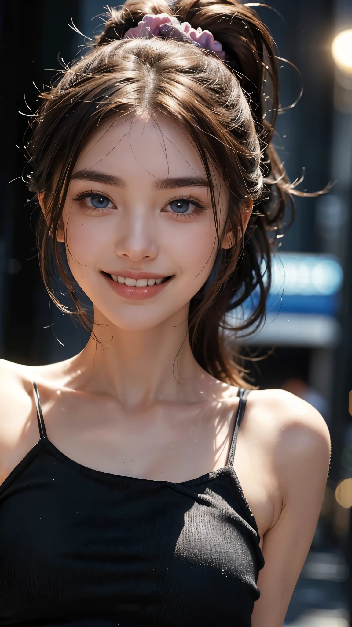 cute 20 year old,1 girl,slim face ,8K,Super realistic image quality,dynamic shadow,sparkling eyes,((Clear black eyes)),((cheerful smile)),Muscle,clear pale blue eyes,movie theater lighting,((dark back alley)),((City lights)),night,Darkness of the city,suit, ((face close up:1.4)),((A smile showing white teeth)),((Open mouth and smile happily)),((Chestnut ponytail and scrunchie)),close, 8K, Raw photo, highest quality, masterpiece,realistic, photo-realistic,