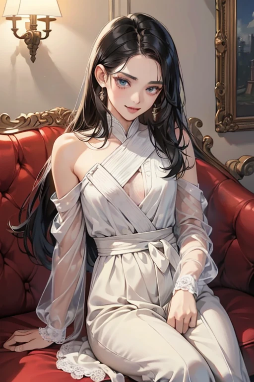 (pieces fly, 4k, 8K,beautiful images, clear image, realistic,perfect face, perfect lines, perfect eyes, soft lighting) ,1 female, (black hair、long straight hair,bullish look,Beautiful woman,grace,solid makeup,one piece figure、mature woman,small breasts:1.3),スーツ姿のハンサムなmale性2人, (male,male性はスーツ姿,muscular,solid shoulder width, maleの,boyish hairstyle,british gentleman&#39;s style,クールな表情の成熟male性,明るい笑顔の成熟male性:1.2),A smile showing white teeth(embarrassing,shy smile:1.1),(nervous,embarrassing,sleepy,embarrassing:1.1),antique sofa、open your mouth slightly,innocent smile,On a date,kiss、couple、couplekiss、romance、At work、antique furniture、sitting on the sofa、couch sofa、Lie、rose petals、hug、kiss