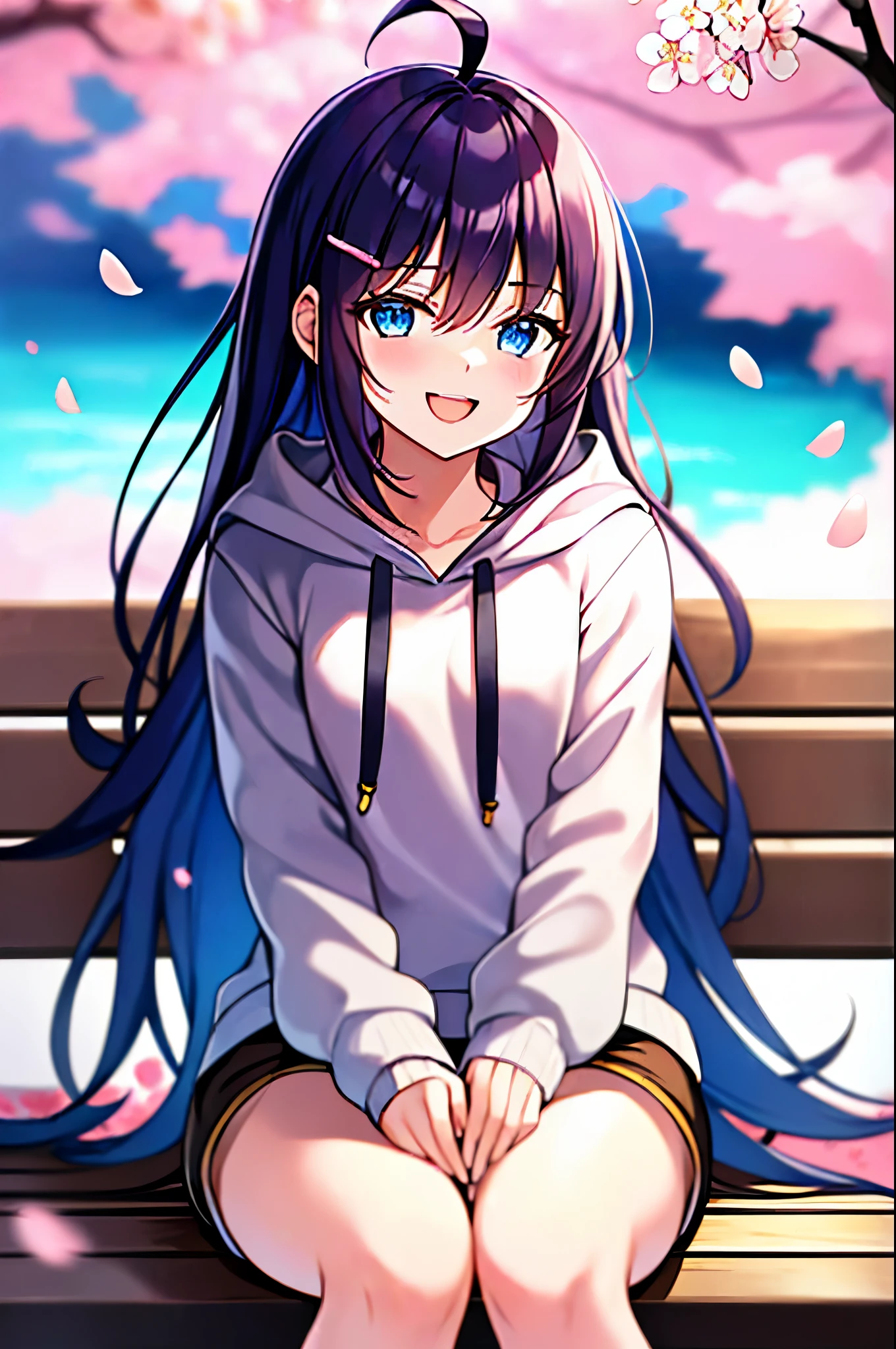 (masterpiece:1.5) (high quality:1.5), (beautiful:1.5), (((8K))), (High resolution:1.5), (High resolution:1.5), (1 girl:1.3), (child:1.5), (loli:1.4), (Dark blue straight long hair:1.3), (very long dark blue sideburns), (dark blue bangs with very large parting:1.3), (Simple hair clip:1.4), (Ahoge:1.4), (small blue eyes:1.2), (slightly droopy eyes:1.3), (Super thick sideburns and super long sideburns:1.1), (Ultra-flat chest:1.4), (extremely small breasts:1.4), (laughing:1.3), (Beige shorts:1.4), (wear a white hoodie:1.4), (under the cherry tree:1.4), (cherry blossom petals dancing in the wind:1.6), (sit on a park bench:1.5)
